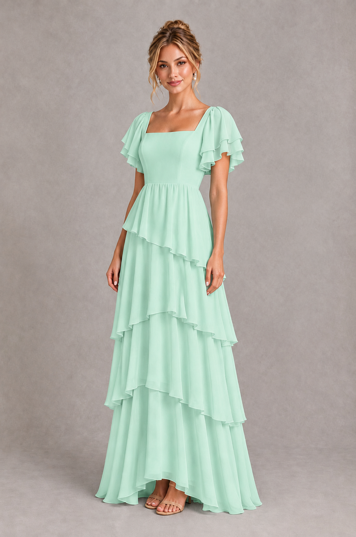 BOLODOO Mint Green Square Neck Flutter Sleeve Tiered Chiffon Bridesmaid Dress with Lace-Up Back - Mint Green - Mint Green_3