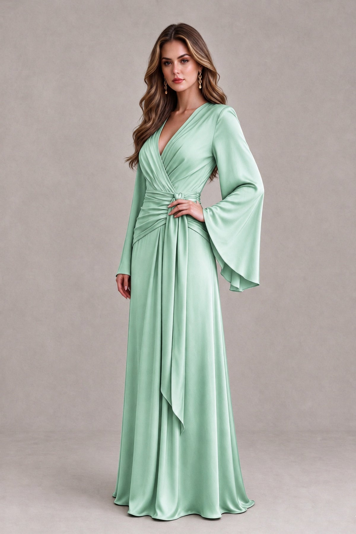 BOLODOO Mint Green Yellow Satin-Look V-Neck Long Bell Sleeve Evening Dress - Mint Green - Mint_Green_3