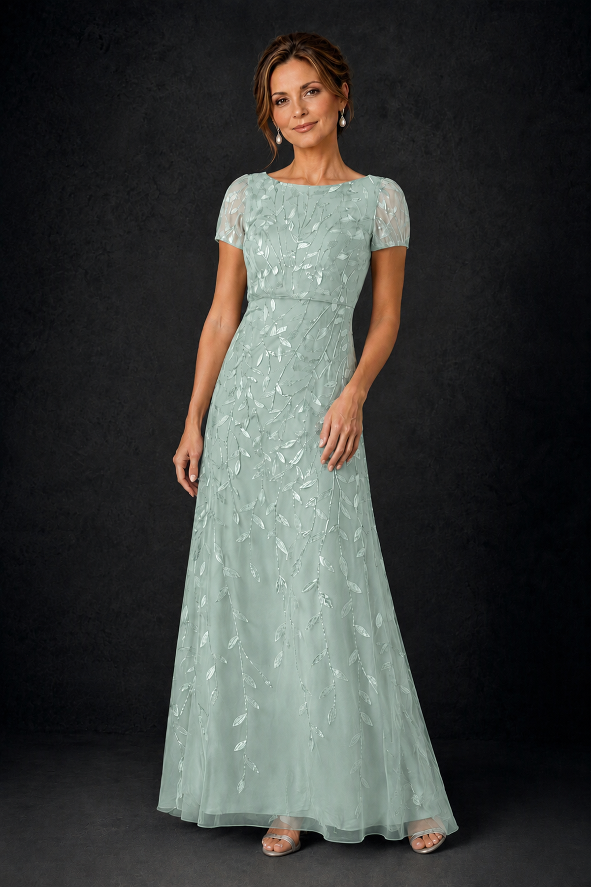 BOLODOO Mint Green Leaf Embroidered A-Line Formal Gown with Cap Sleeves - Mint Green - Mint_Green_3