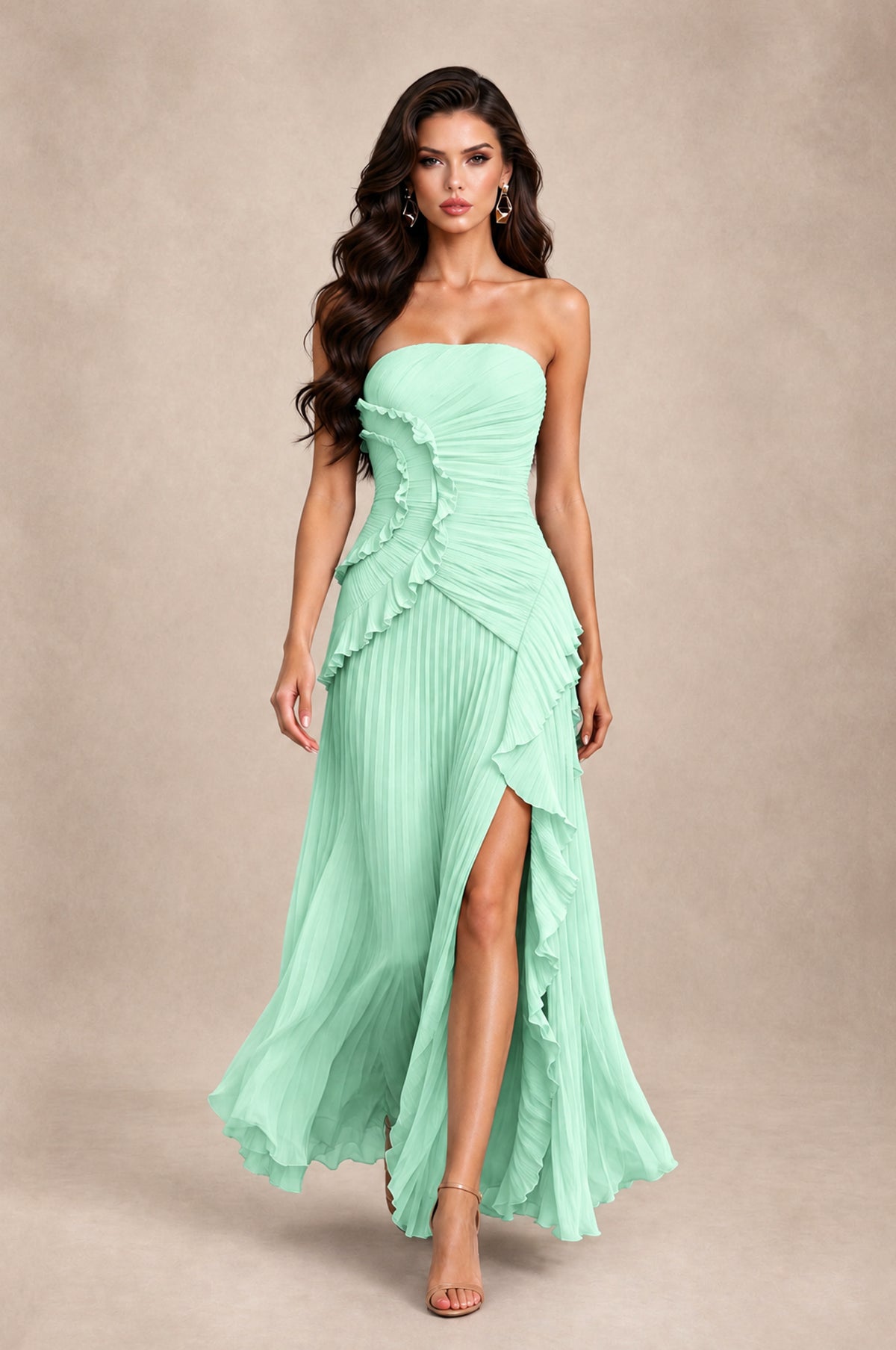 BOLODOO Mint Green Strapless Ruffle Pleated Slit Evening Gown - Mint Green - Mint Green_3