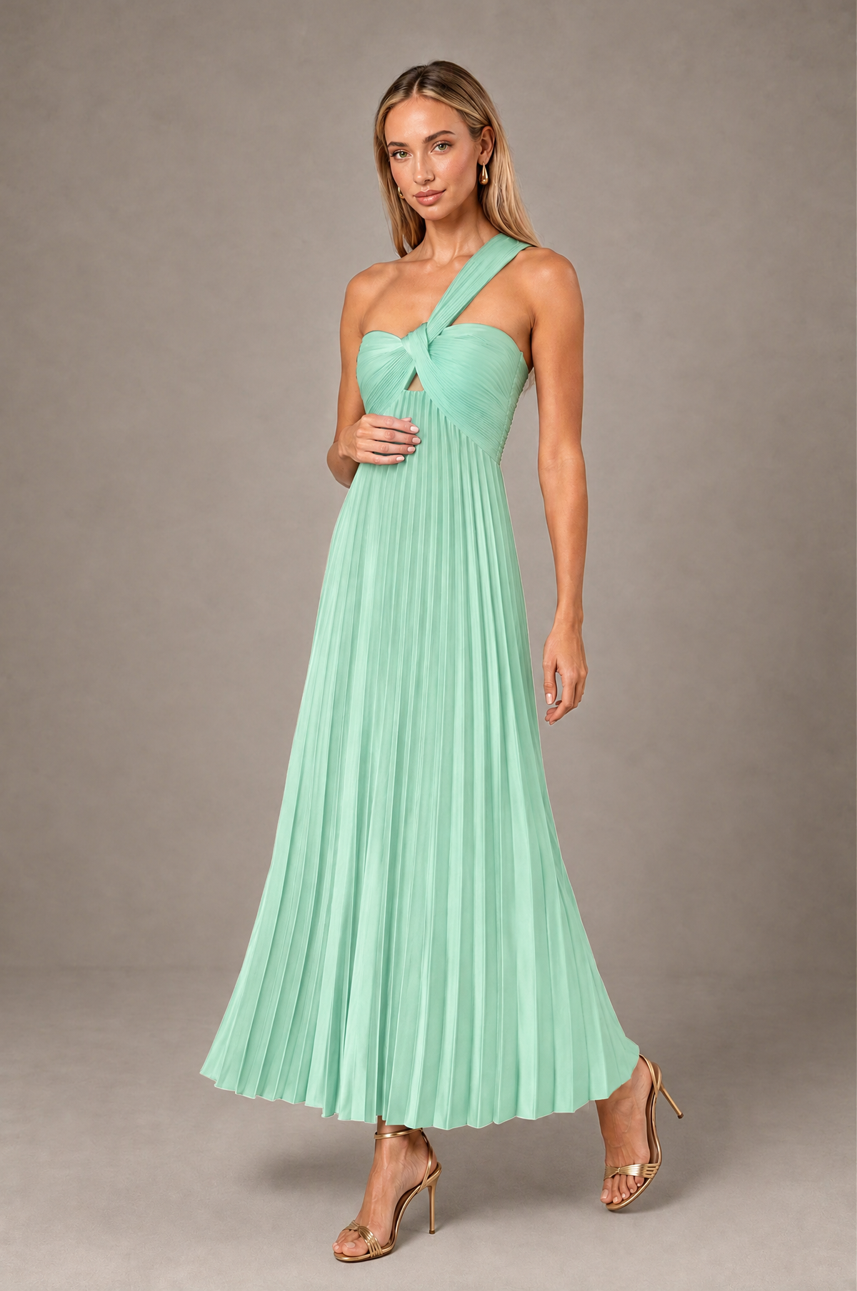 BOLODOO Mint Green One-Shoulder Twist Knot Pleated Satin Midi Dress with Cutout - Mint Green - Mint_Green_3