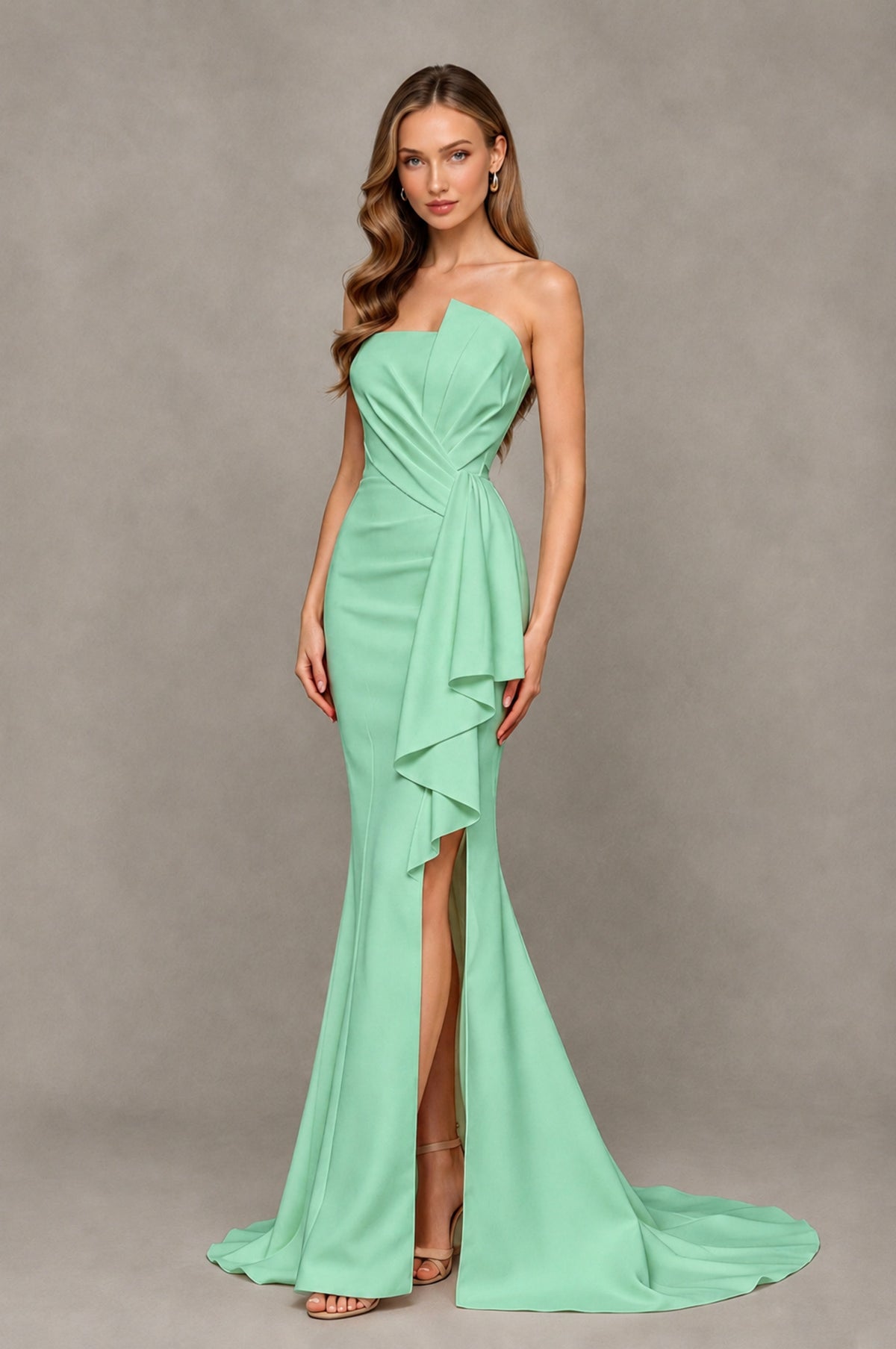 BOLODOO Mint Green Strapless Mermaid Evening Dress with Ruffle Slit and Train - Mint Green - Mint Green_3
