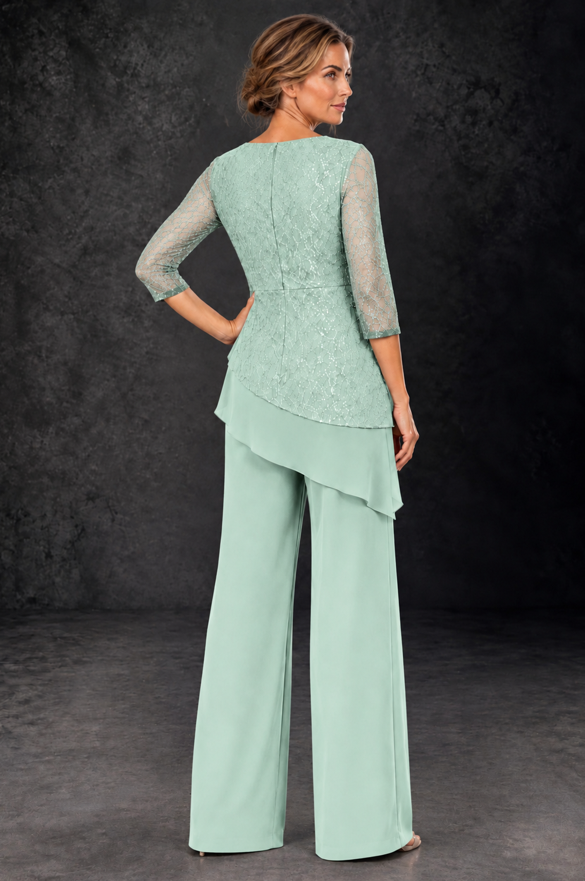 BOLODOO Mint Green Sequin Lace 3/4 Sleeve Chiffon Mother of the Bride Pant Suit - Mint Green - Mint_Green_3