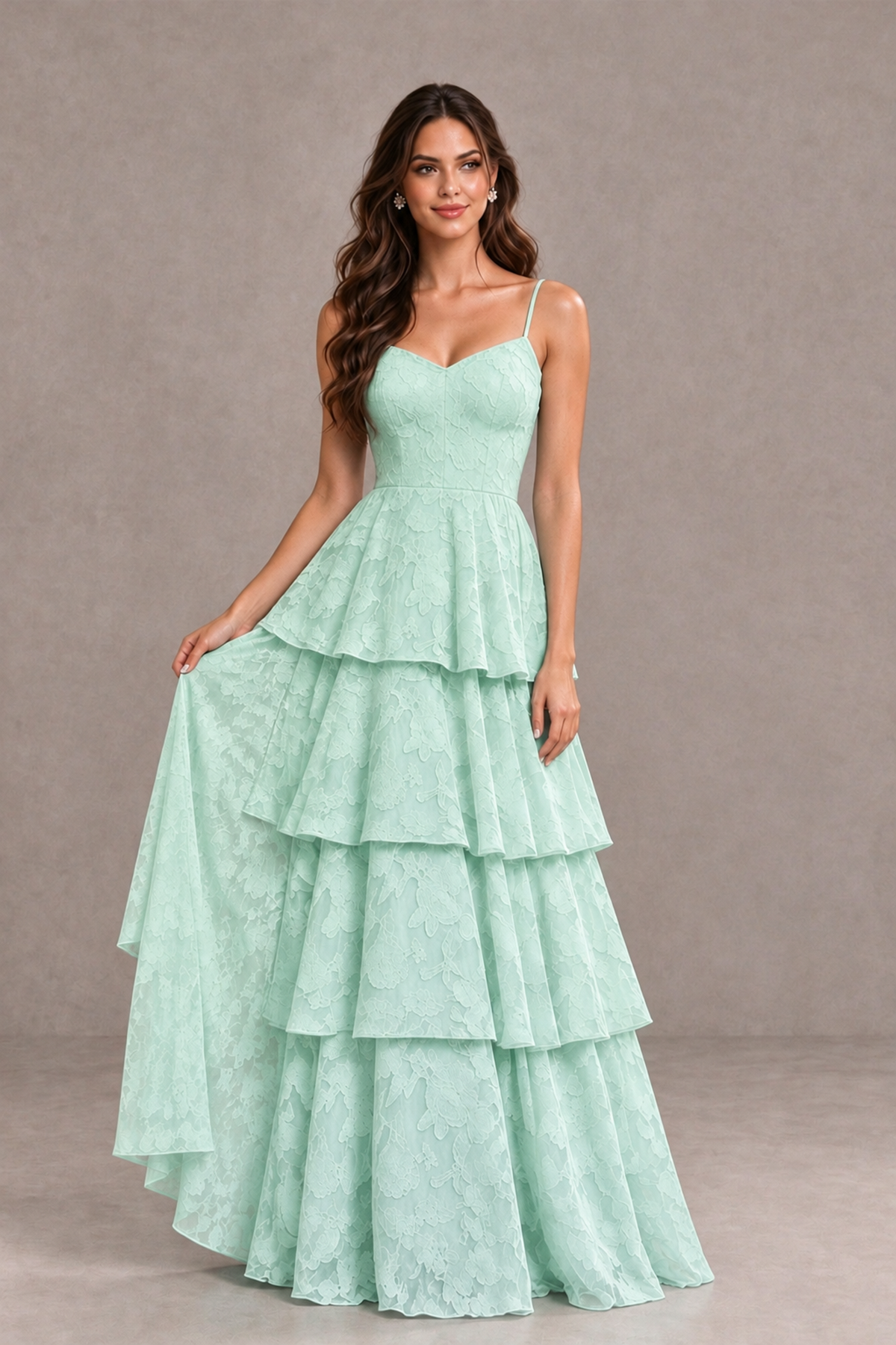 BOLODOO Mint Green Tiered Floral-Textured Spaghetti Strap Maxi Dress - Mint Green - Mint Green_3