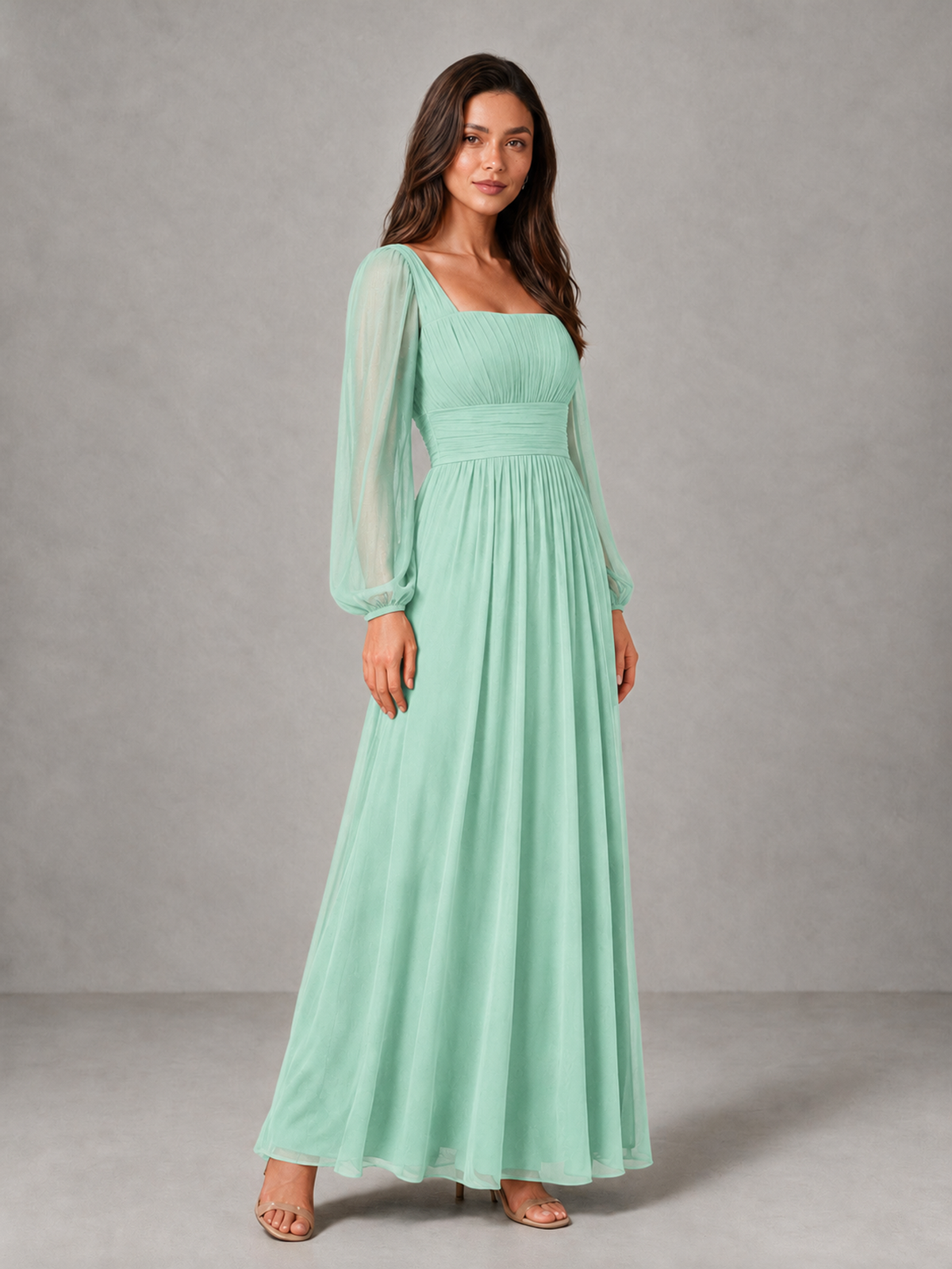 BOLODOO Mint Green Square Neck Long Sleeve Chiffon Bridesmaid Dress - Mint Green - Mint Green_3