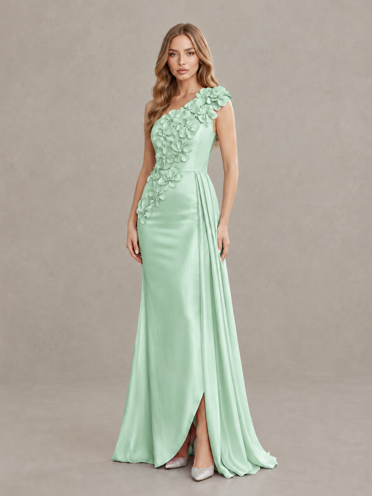 BOLODOO Mint Green One-Shoulder Satin Mermaid Evening Gown with 3D Floral Appliqué - Mint Green - Mint Green_3