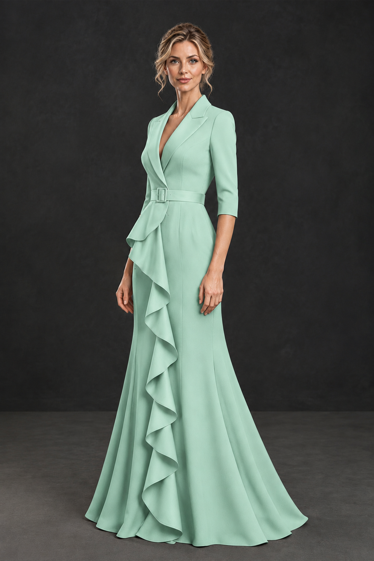 BOLODOO Mint Green Lapel Ruffle Mother of the Bride Dress with Belt - Mint Green - Mint Green_3