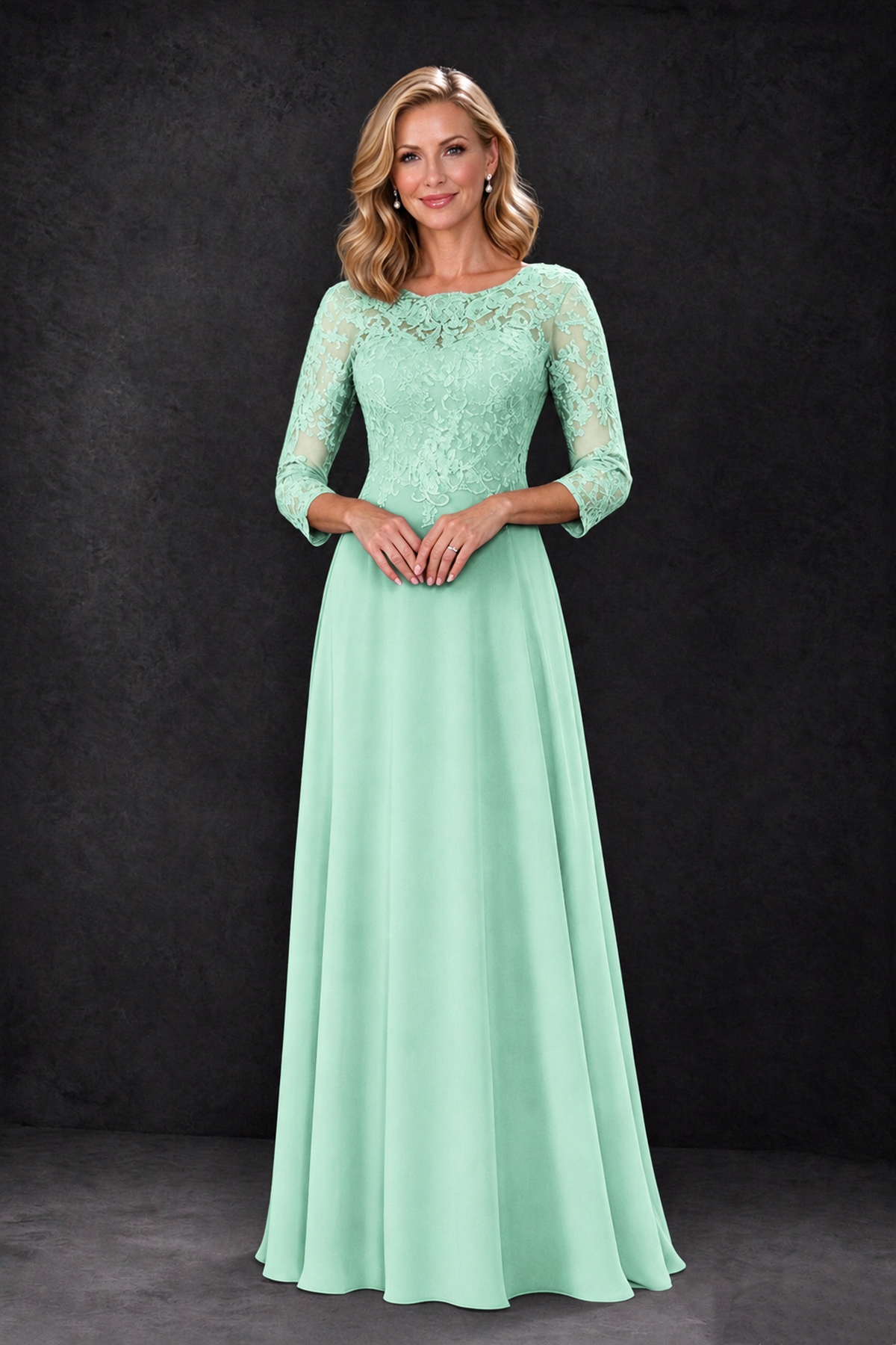 BOLODOO Mint Green Lace Embroidered Mother of the Bride Dress with 3/4 Sleeves - Mint Green - Mint Green_3
