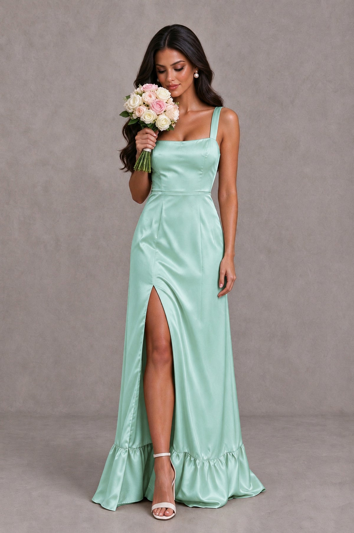 BOLODOO Mint Green Square Neck Satin Evening Dress with Lace-Up Back and High Slit - Mint Green - Mint Green_3