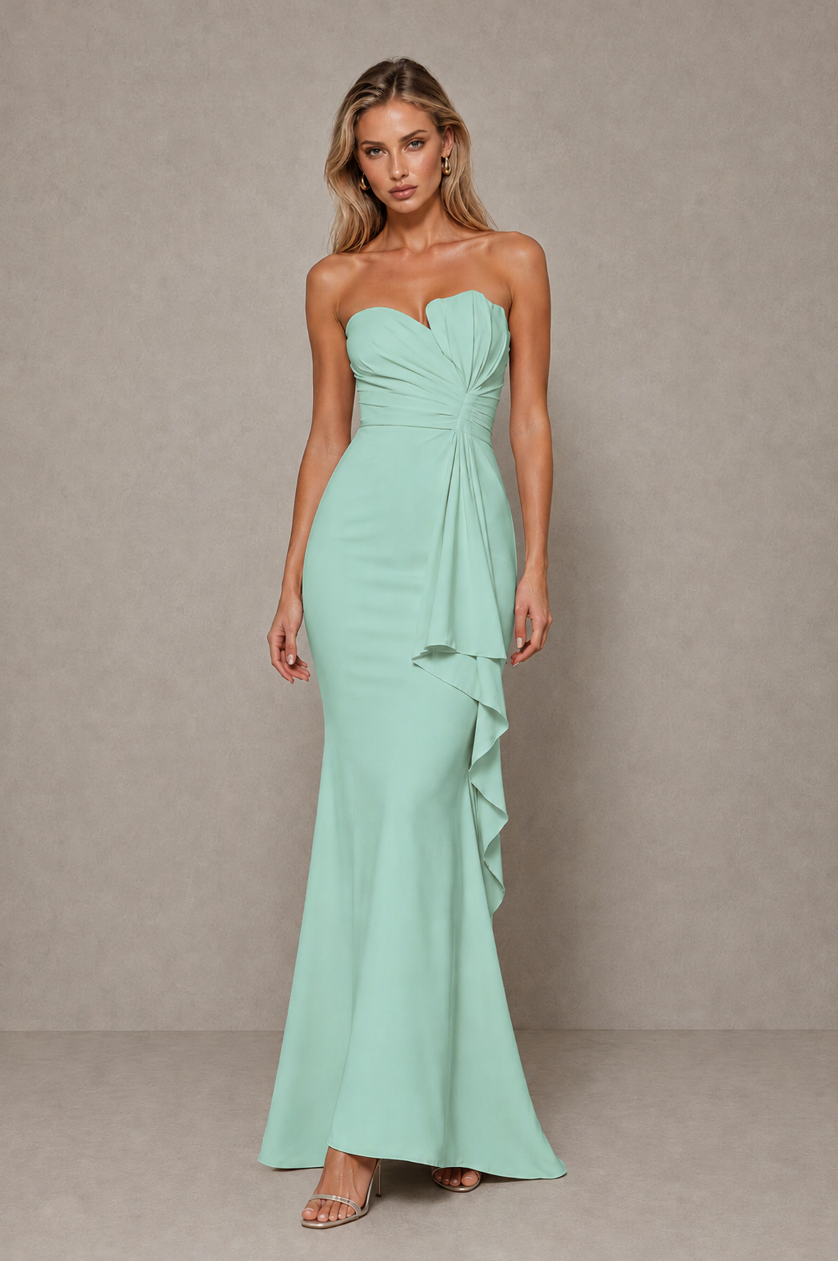 BOLODOO Mint Green Strapless Sweetheart Ruched Mermaid Gown | Cascade Drape Formal Evening Dress - Mint Green - Mint_Green_3