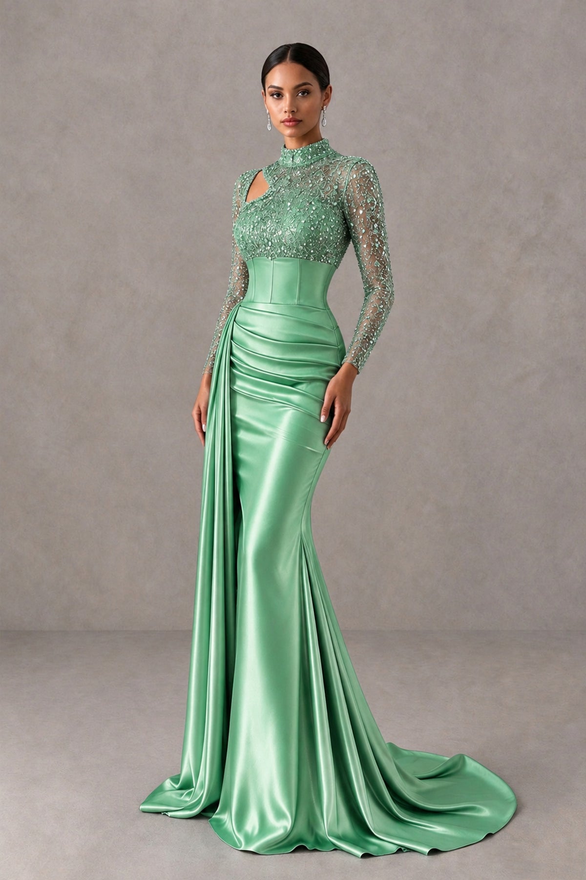 BOLODOO Mint Green Long Sleeve Embellished Satin Mermaid Evening Gown - Mint Green - Mint Green_3