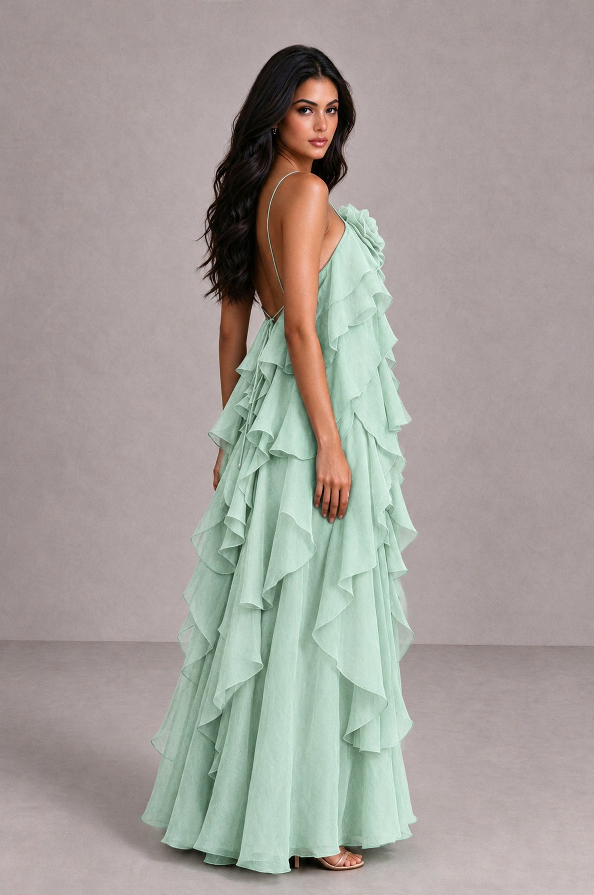BOLODOO Mint Green Cascading Ruffle Rosette Open-Back Maxi Dress - Mint Green - Mint Green_3
