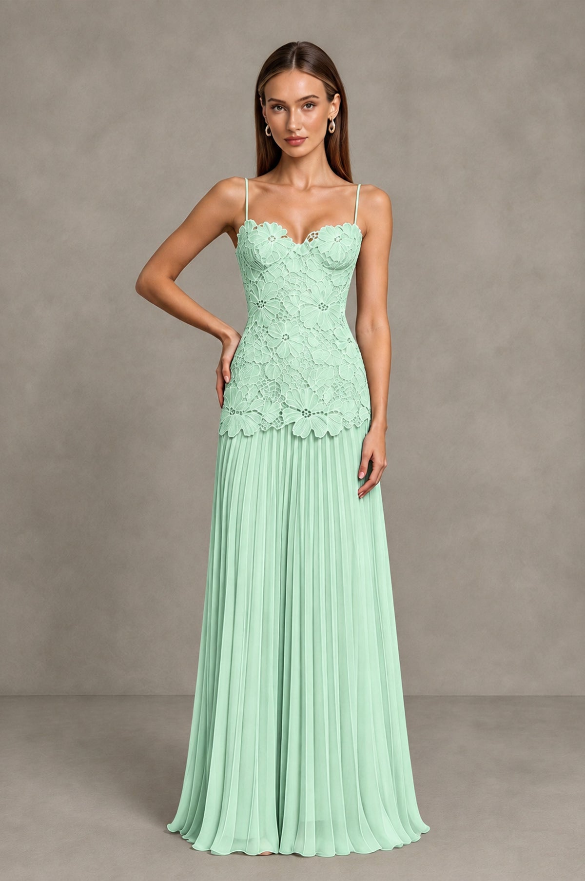 BOLODOO Mint Green Lace Bodice Pleated Wedding Guest Dress - Mint Green - Mint Green_3