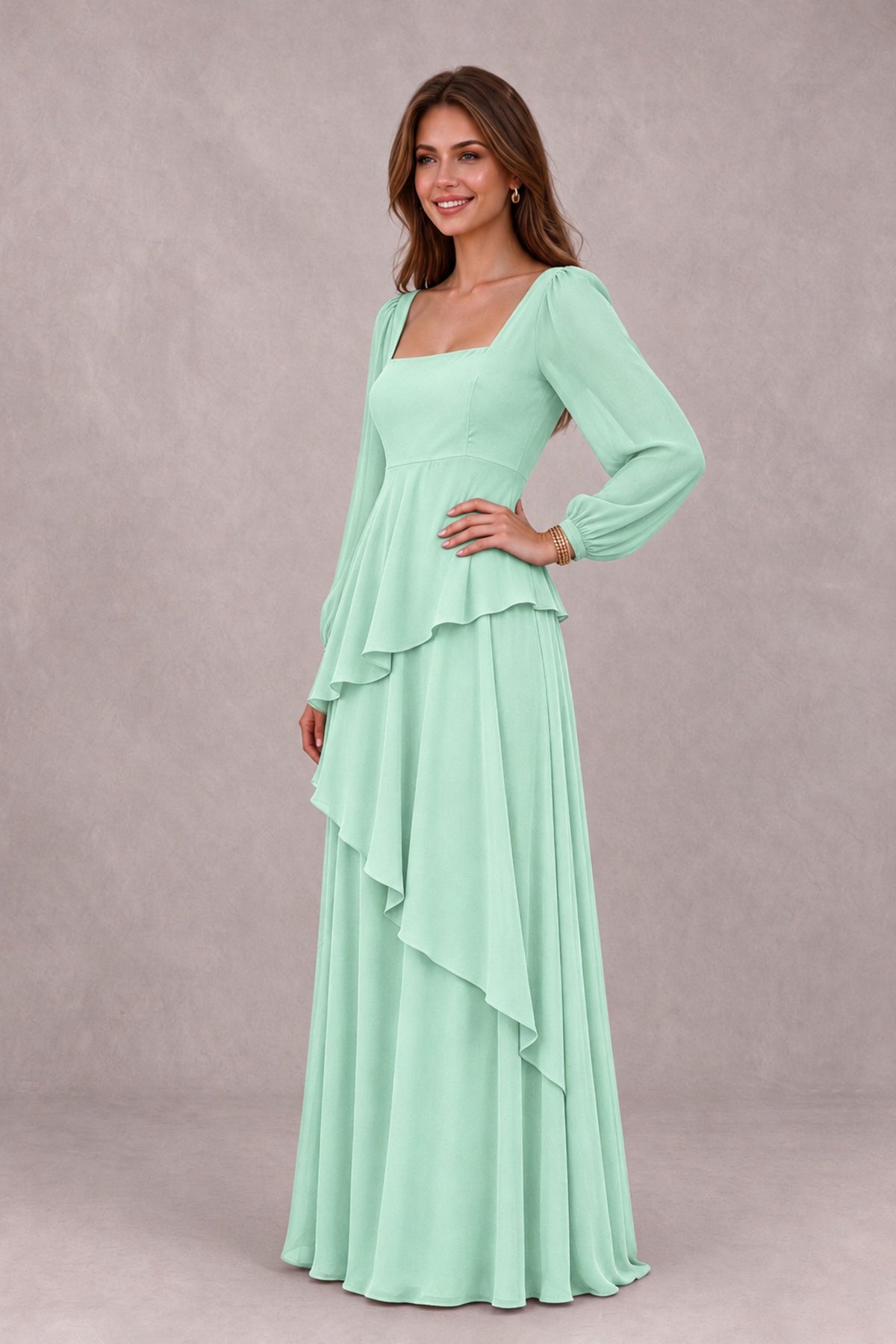 BOLODOO Mint Green Long Sleeve Ruffle Bridesmaid Dresses - Mint Green - Mint Green_3