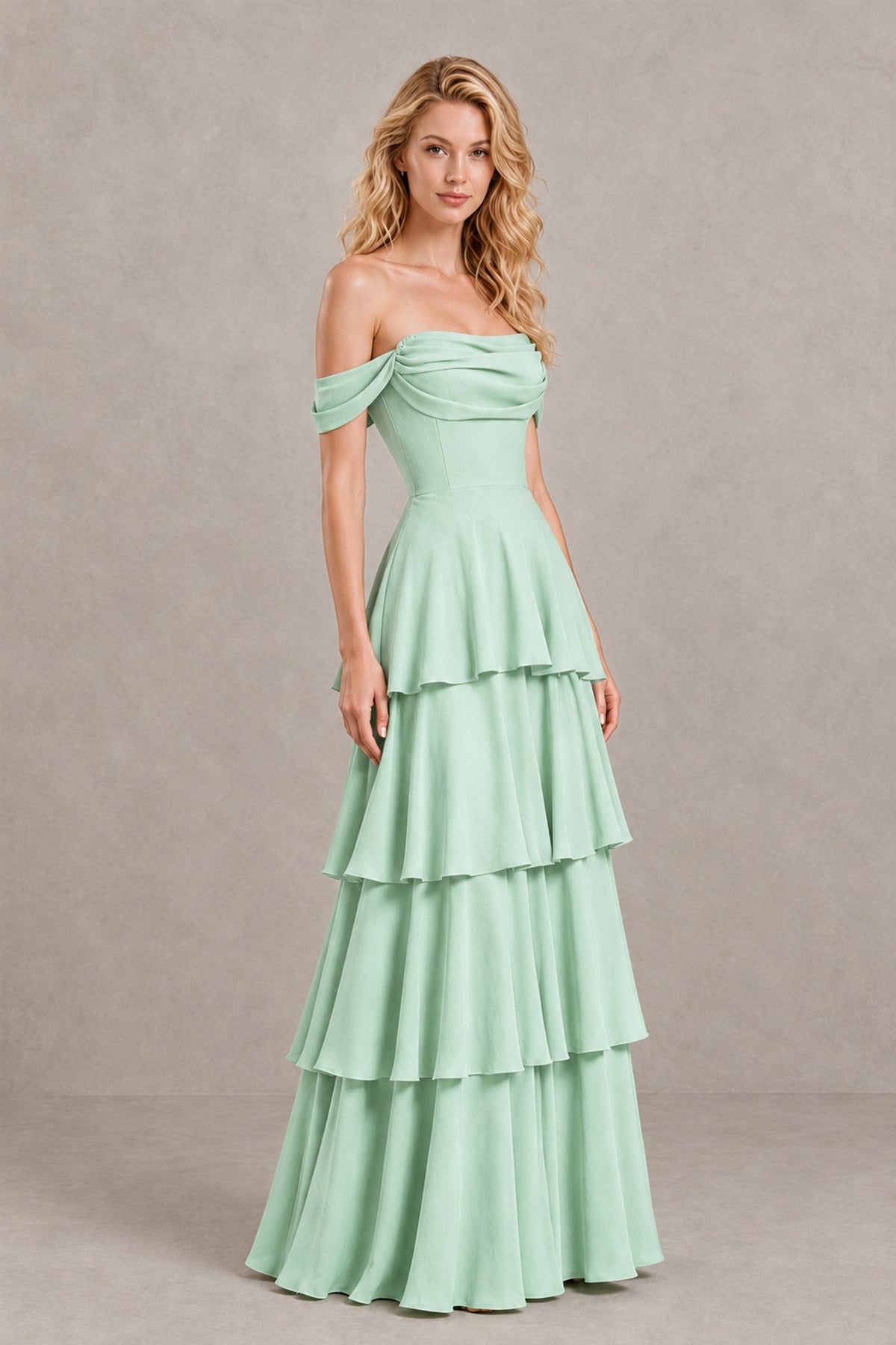 BOLODOO Mint Green Off-the-Shoulder Tiered A-Line Evening Bridesmaid Dress - Mint Green - Mint Green_3