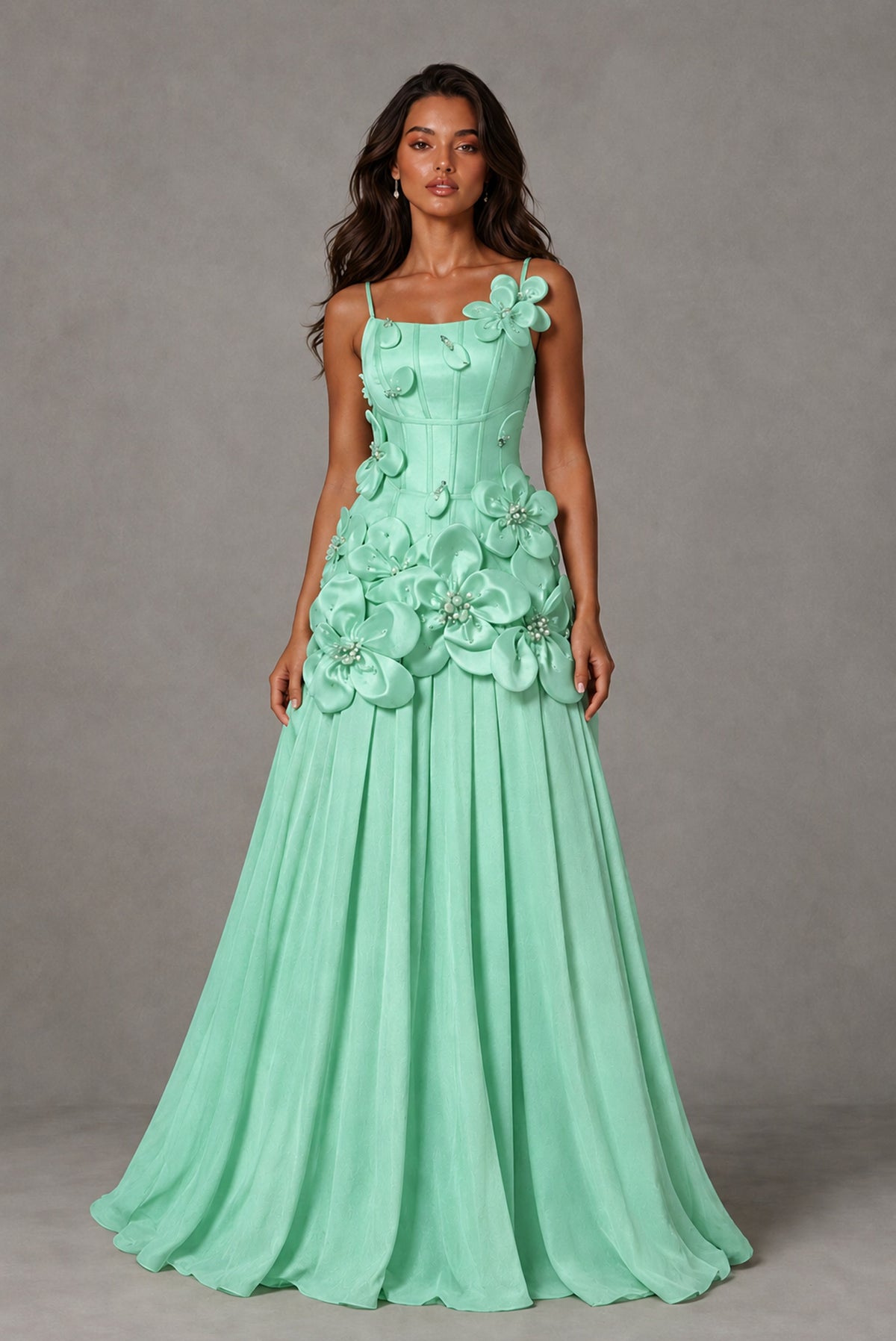 BOLODOO Mint Green 3D Floral Appliqué Floor-Length A-Line Evening Gown - Mint Green