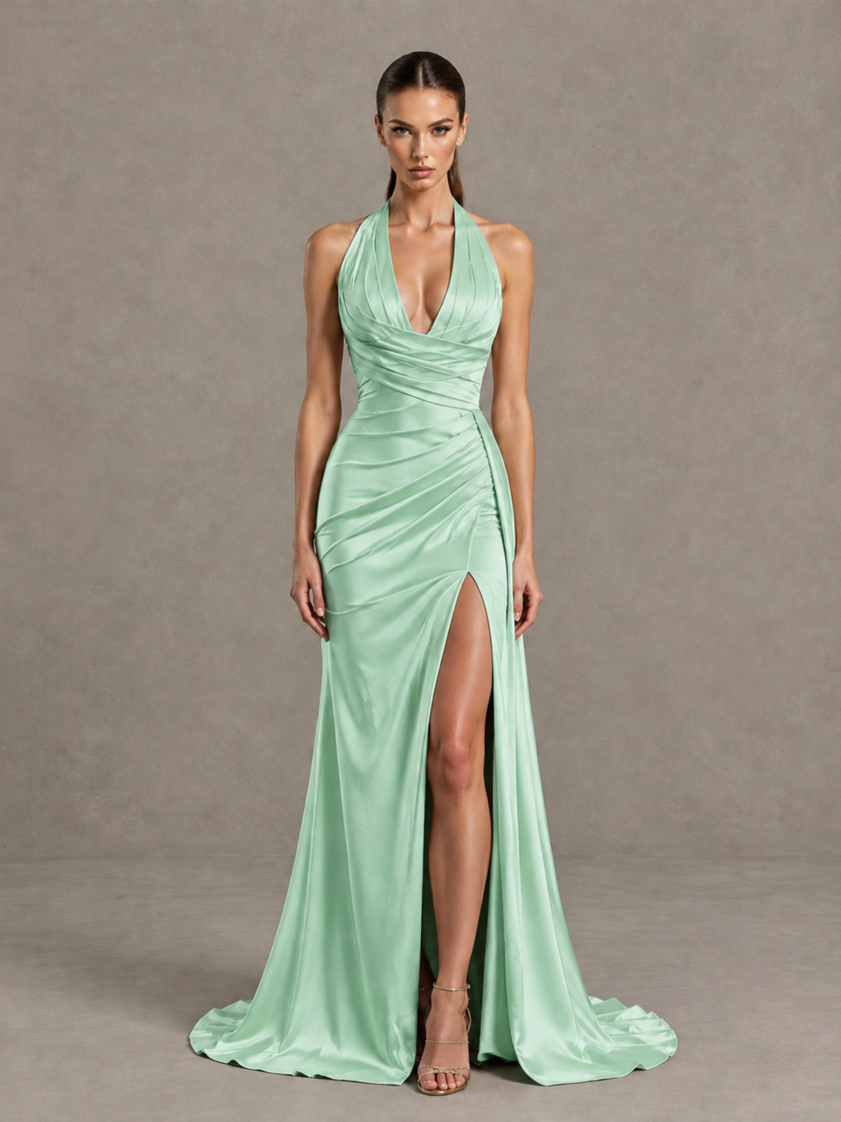 BOLODOO Mint Green Halter Satin Evening & Prom Dress with High Slit - Mint Green - Mint Green_3