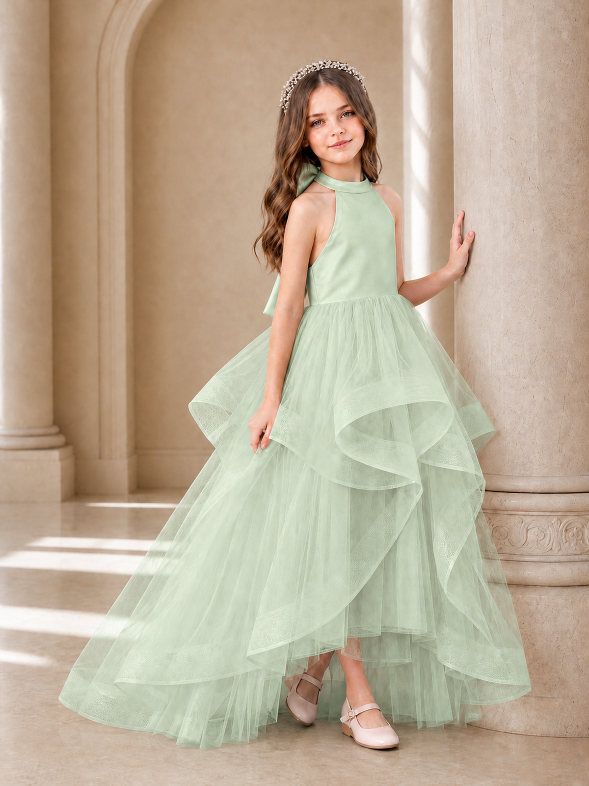 BOLODOO Mint Green Halter Tiered Tulle Flower Girl Dress with Bow Back - Mint Green - Mint Green_3