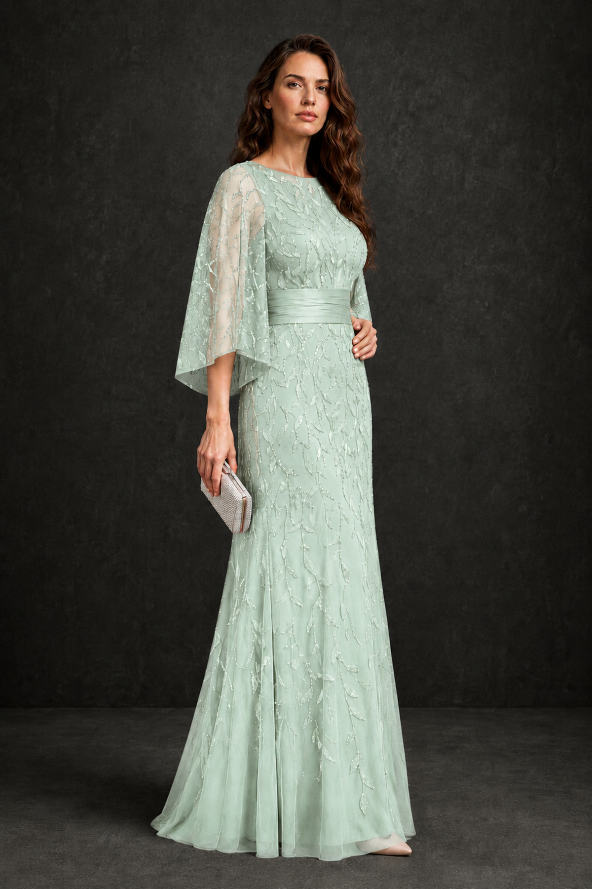 BOLODOO Mint Green Bateau Neck Bell Sleeve Sequin Embroidered Satin Waist A-Line Maxi Dress - Mint Green - Mint_Green_3