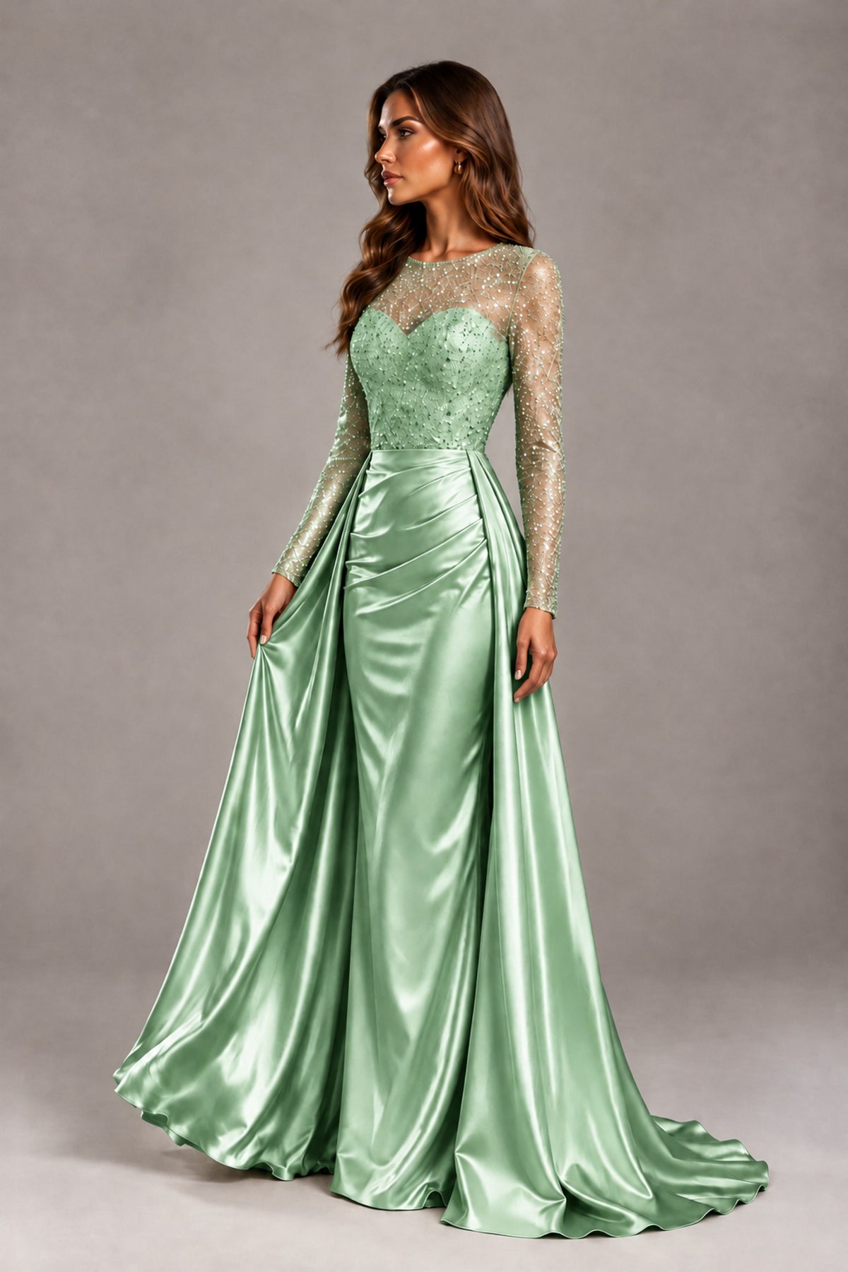 BOLODOO Mint Green Long Sleeve Embellished Satin Evening Gown with Sweep Train - Mint Green - Mint Green_3