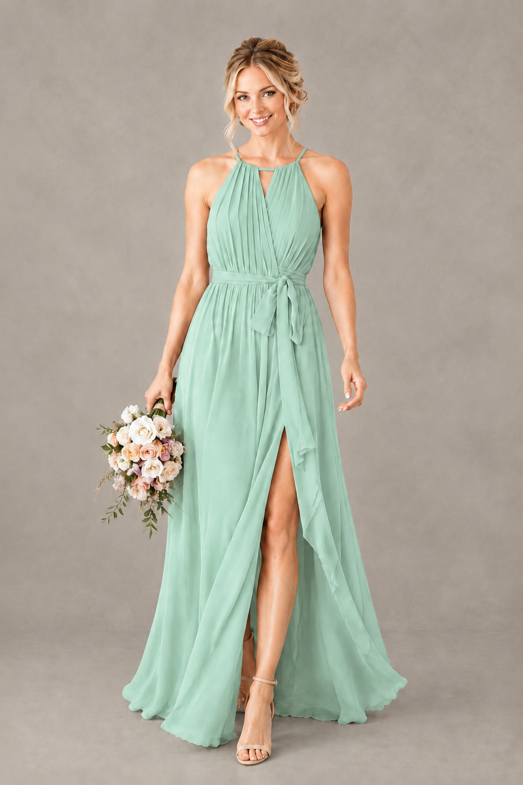 BOLODOO Mint Green Halter Chiffon Bridesmaid Dress with High Slit - Mint Green