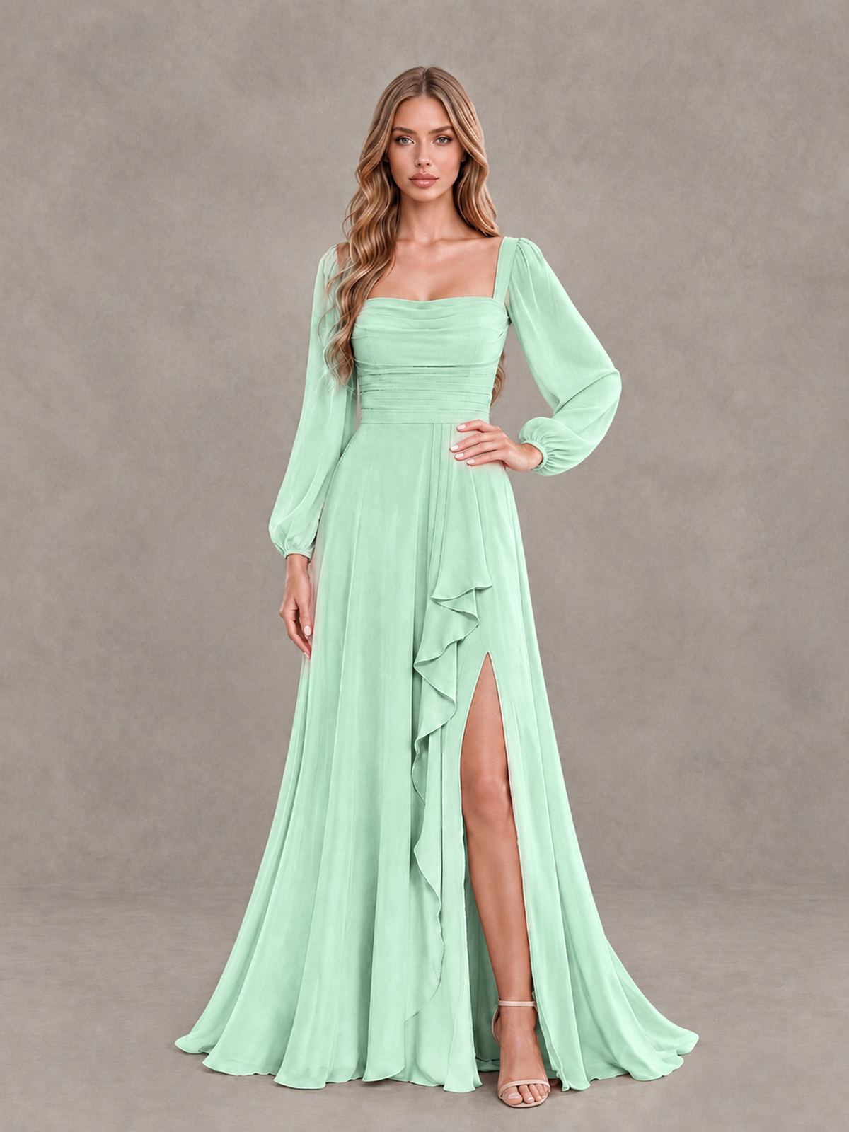 BOLODOO Mint Green Square Neck Long Sleeve Bridesmaid Dress with Ruffle Slit - Mint Green - Mint Green_3