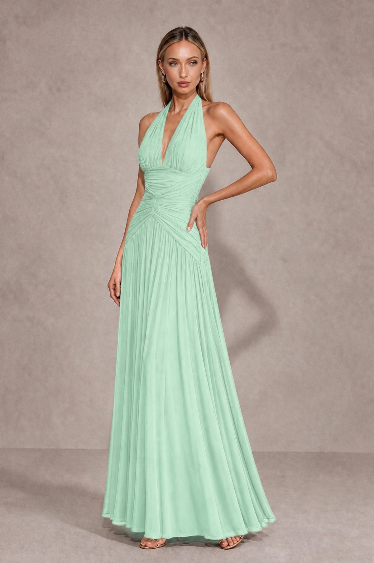 BOLODOO Mint Green Chiffon Halter Deep V-Neck Ruched A-Line Backless Maxi Dress with Train-BD0167 - Mint Green - Mint Green_3
