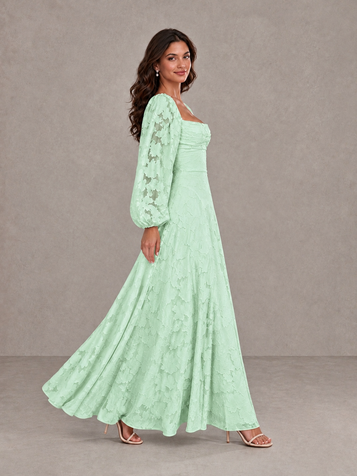 BOLODOO Mint Green Floral Long Sleeve A-Line Bridesmaid Dress - Mint Green - Mint Green_3
