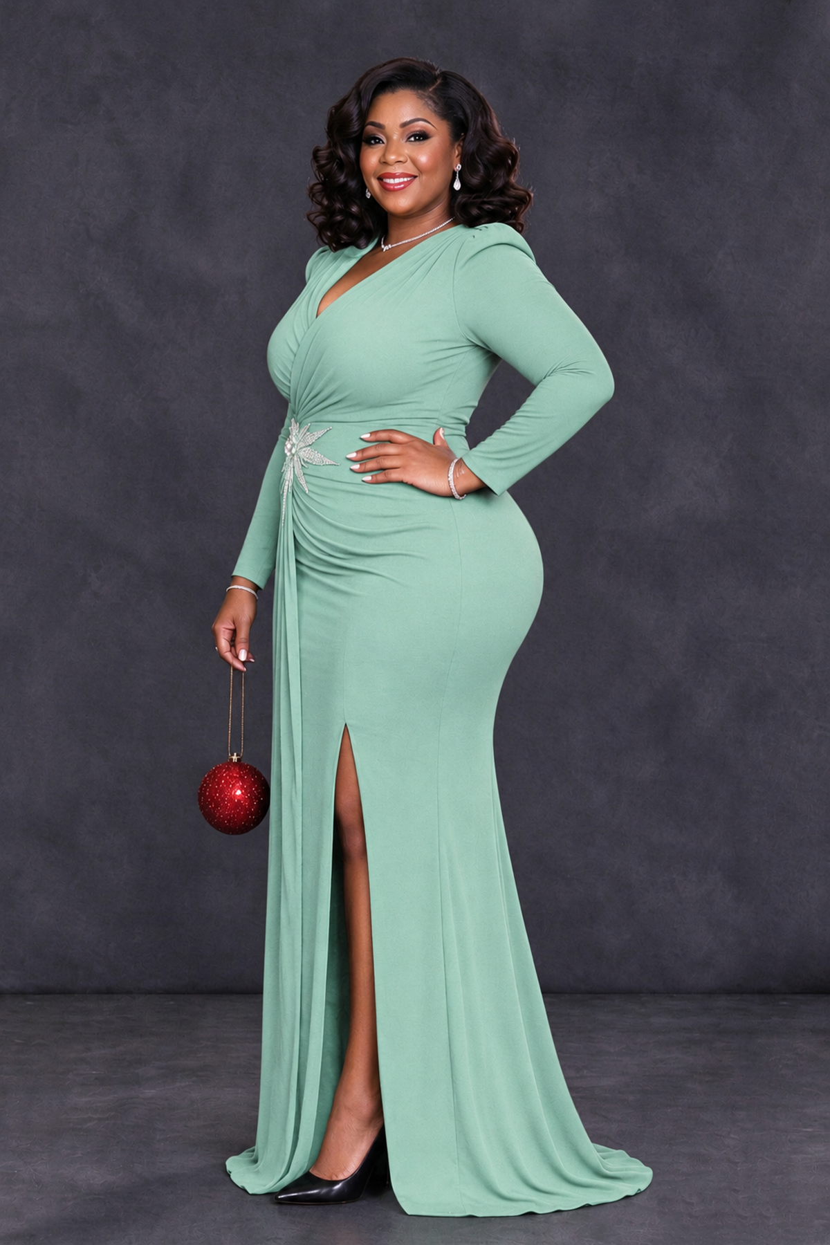 BOLODOO Mint Green Plus Size Long Sleeve V-Neck Mother of the Bride Dress with Slit - Mint Green - Mint Green_3