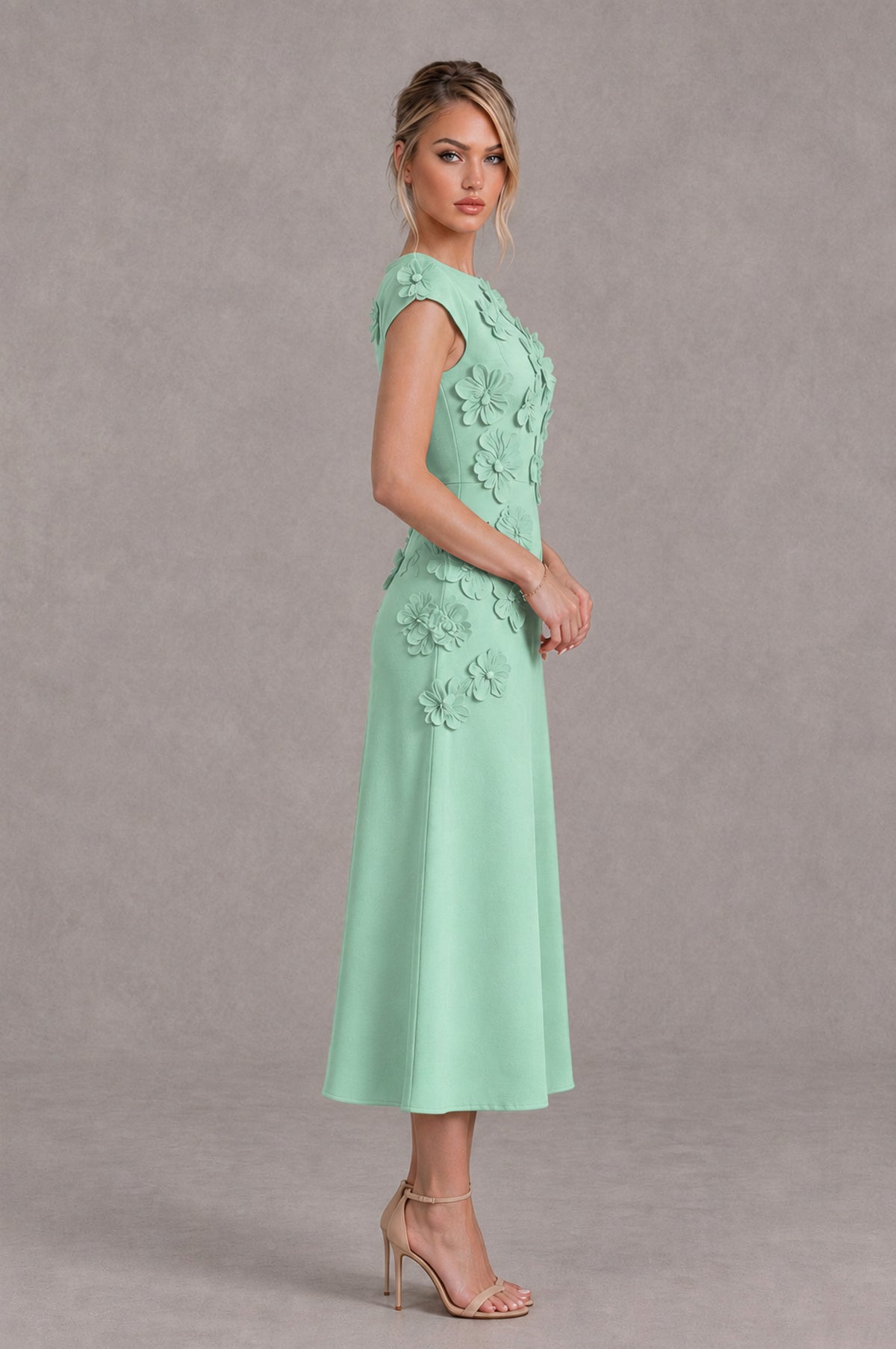 BOLODOO Mint Green 3D Floral Cap Sleeve Midi Cocktail Dress - Mint Green - Mint Green_3