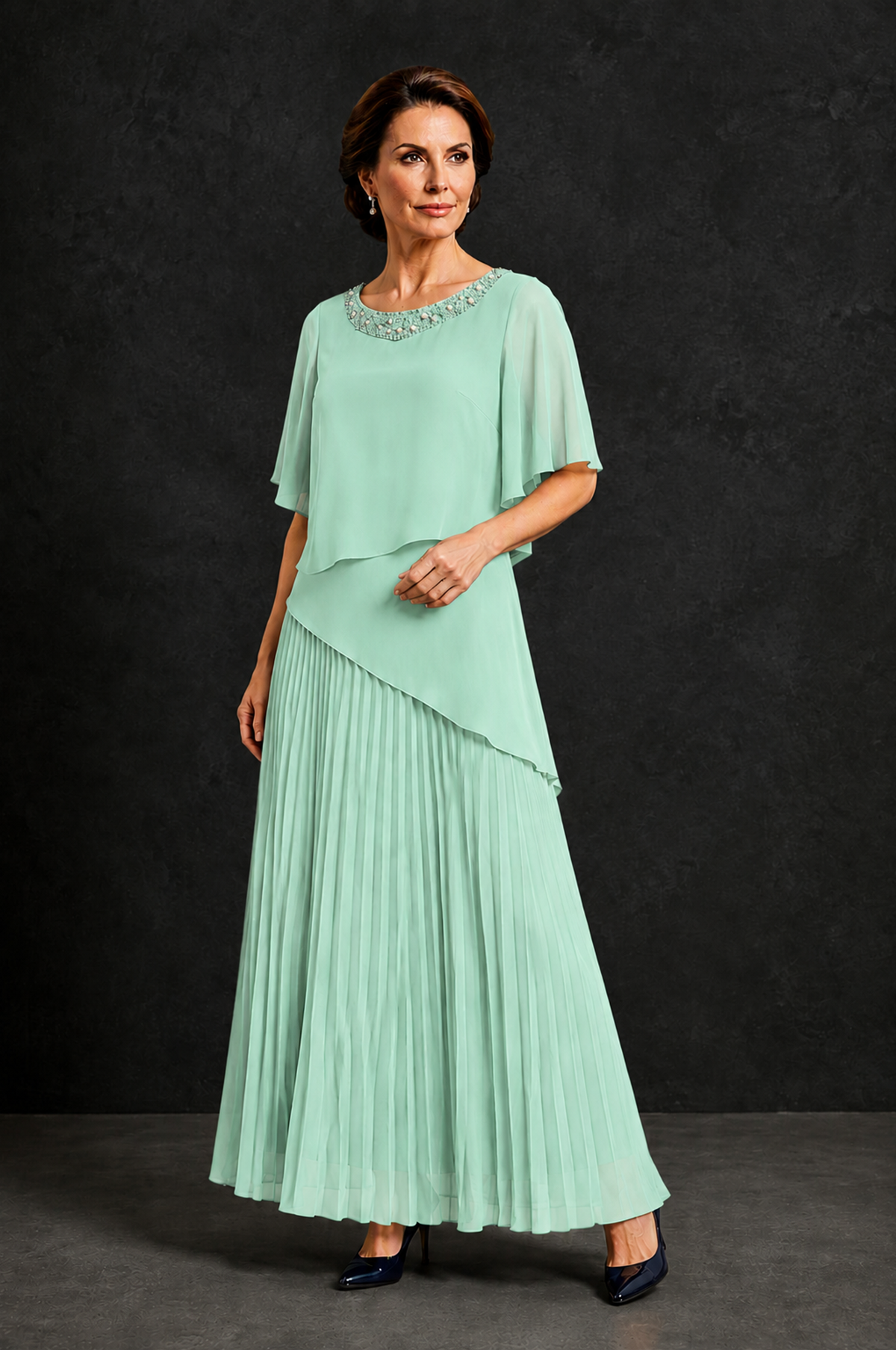 BOLODOO Mint Green Pearl Beaded Neck Asymmetric Tiered Flutter Sleeve Pleated Chiffon Maxi Dress - Mint Green - Mint_Green_3