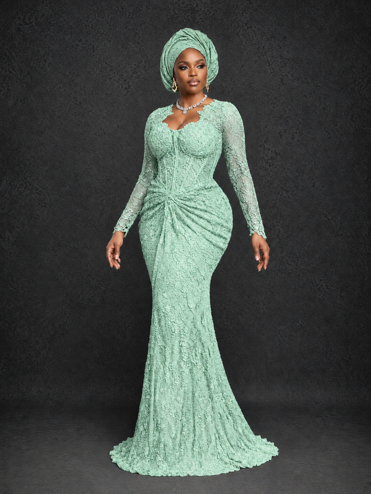 BOLODOO Mint Green Beaded Lace Long Sleeve Mermaid Gown Sweetheart | Mother of the Bride - Mint Green - Mint Green_3