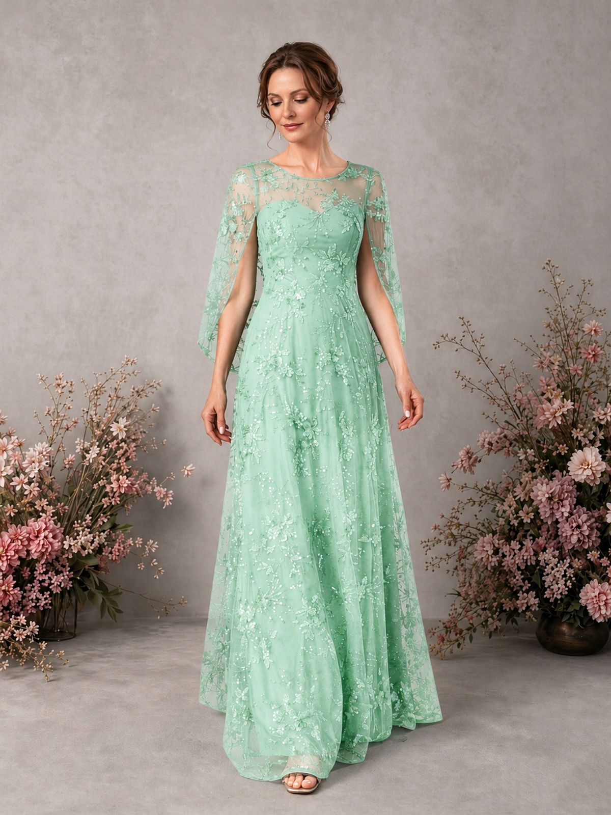 BOLODOO Mint Green Sequin Lace Cape Sleeve Formal Evening Gown - Mint Green - Mint Green_3