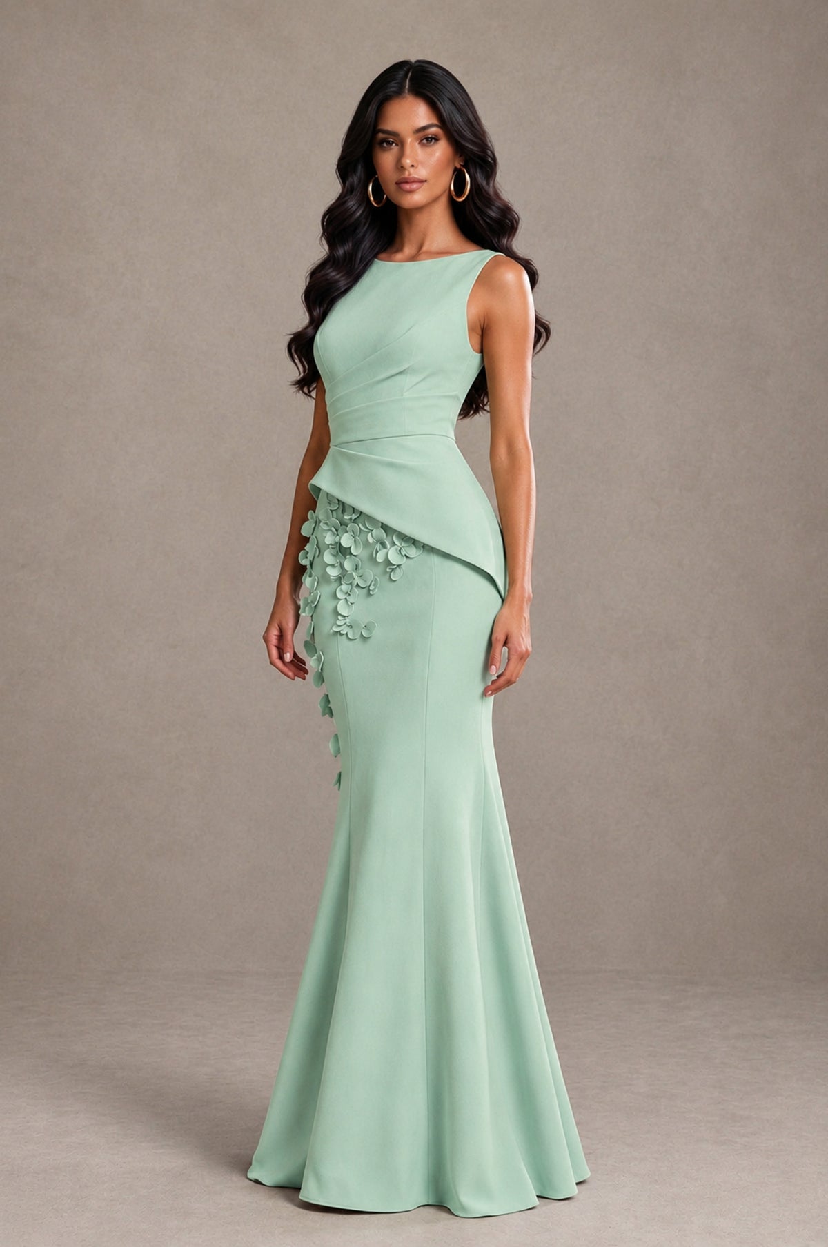 BOLODOO Mint Green Bateau Neck Sleeveless Asymmetric Peplum 3D Petal Appliqué Mermaid Gown BD0421 - Mint Green - Mint Green_3