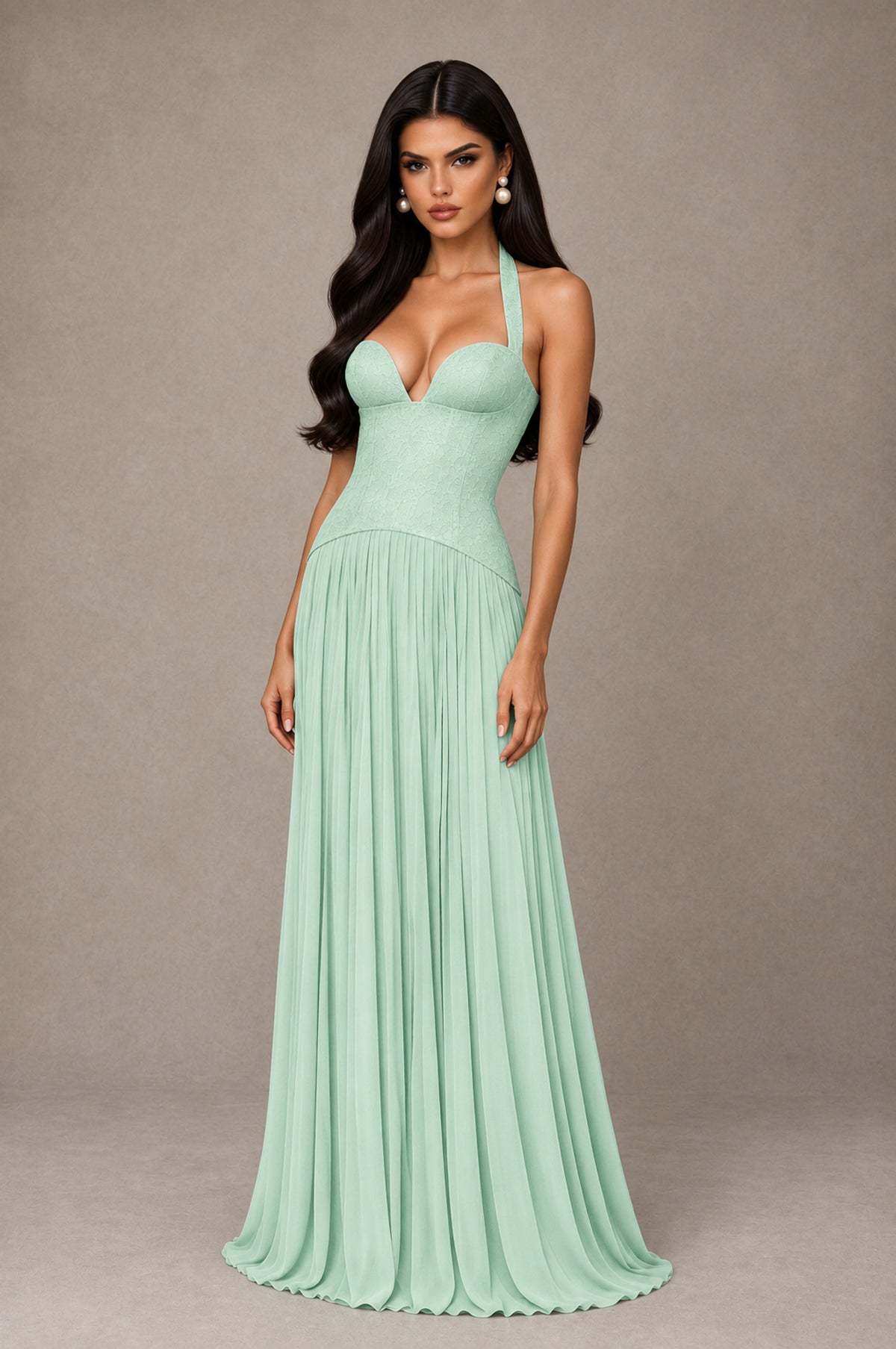 BOLODOO Mint Green Halter Corset Pleated A-Line Evening Dress - Mint Green - Mint Green_3
