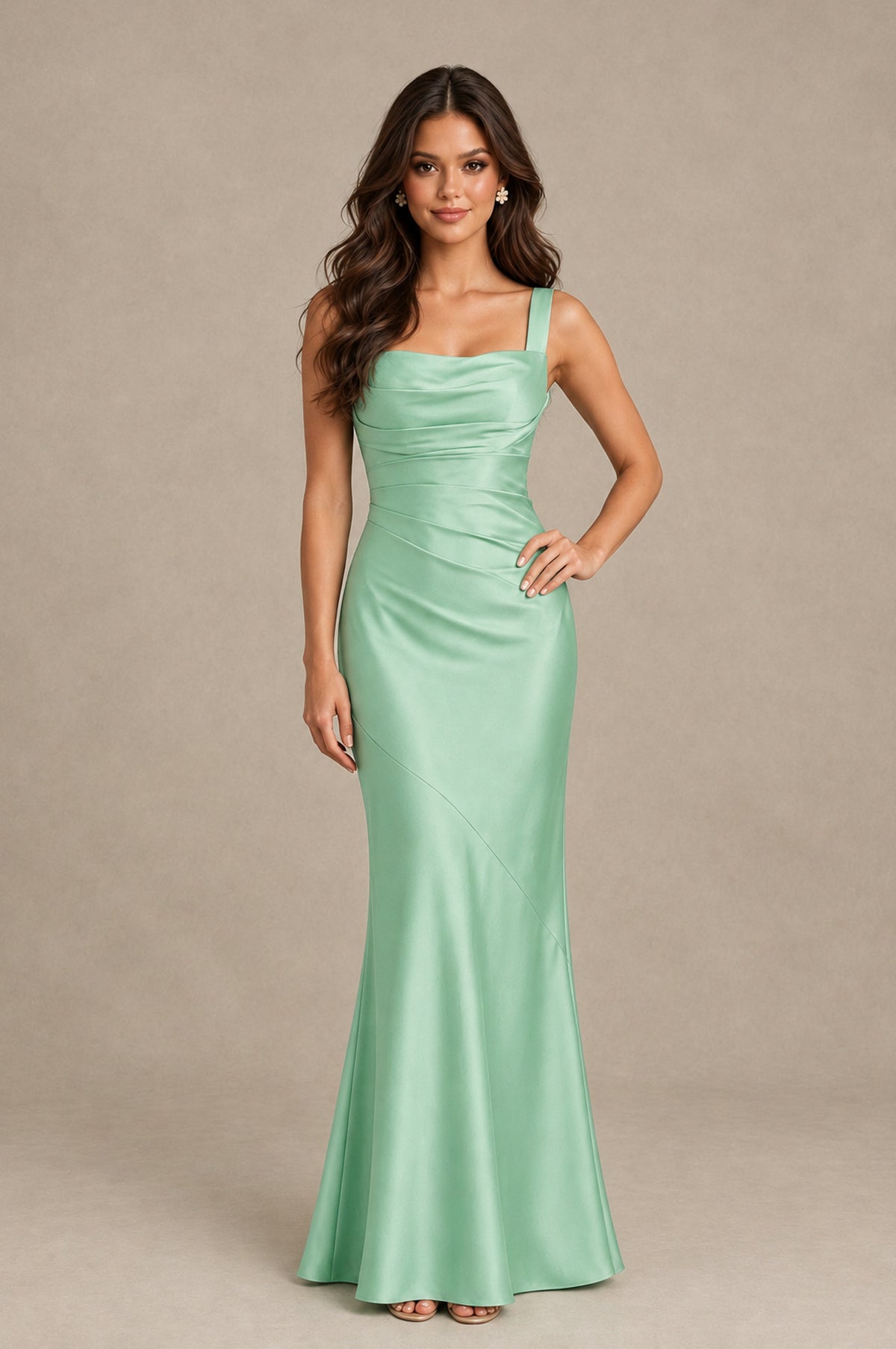 BOLODOO Mint Green Square Neck Ruched Satin Lace-Up Bridesmaid Dress - Mint Green - Mint Green_3