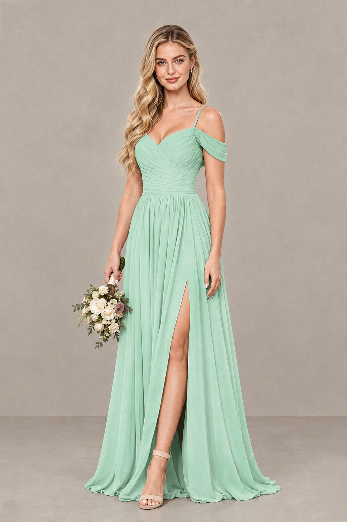 BOLODOO Mint Green Off-Shoulder Bridesmaid Dress with Slit - Mint Green