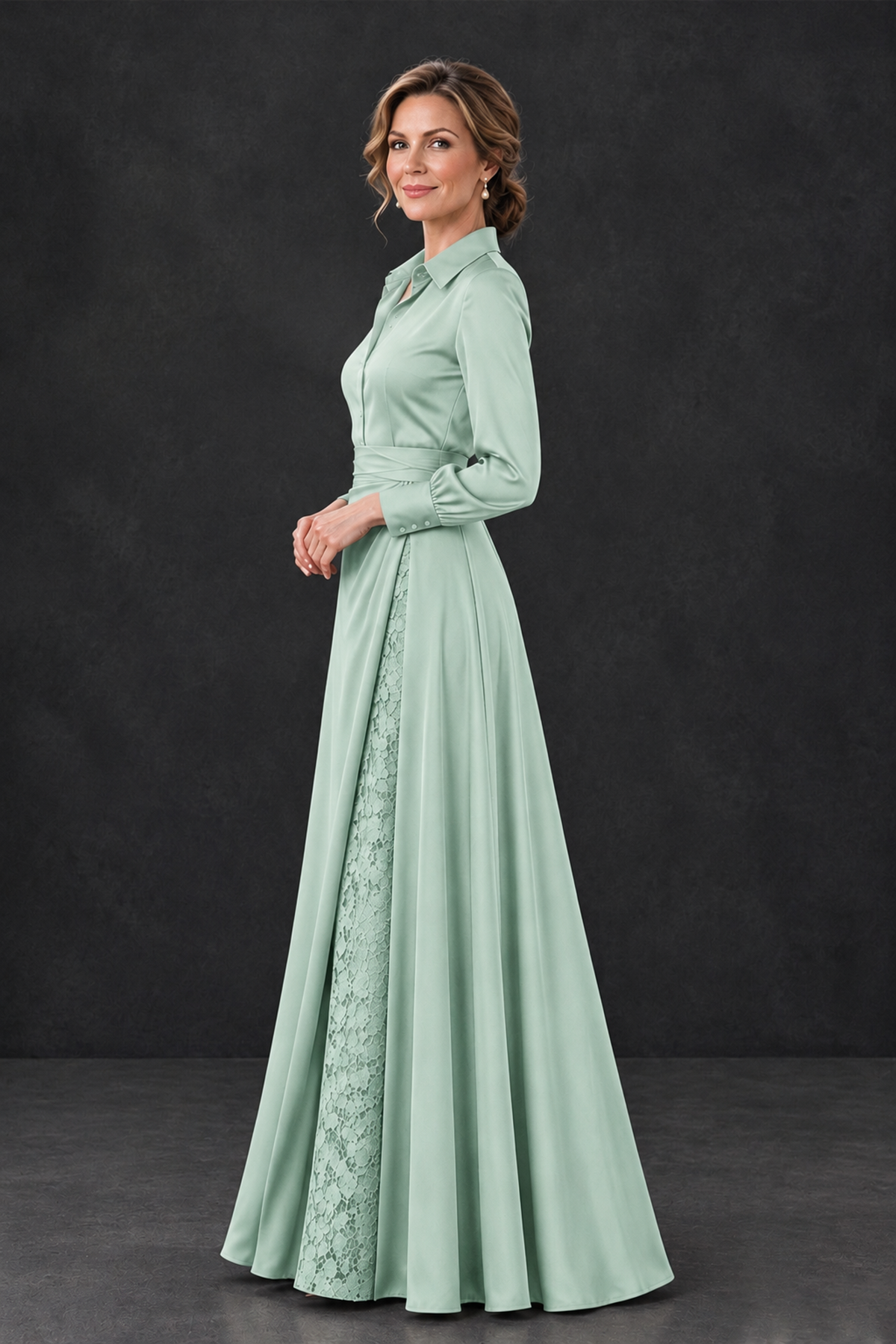 BOLODOO Mint Green Long Sleeve Satin-Look Lace Panel Gown - Mint Green - Mint Green_3