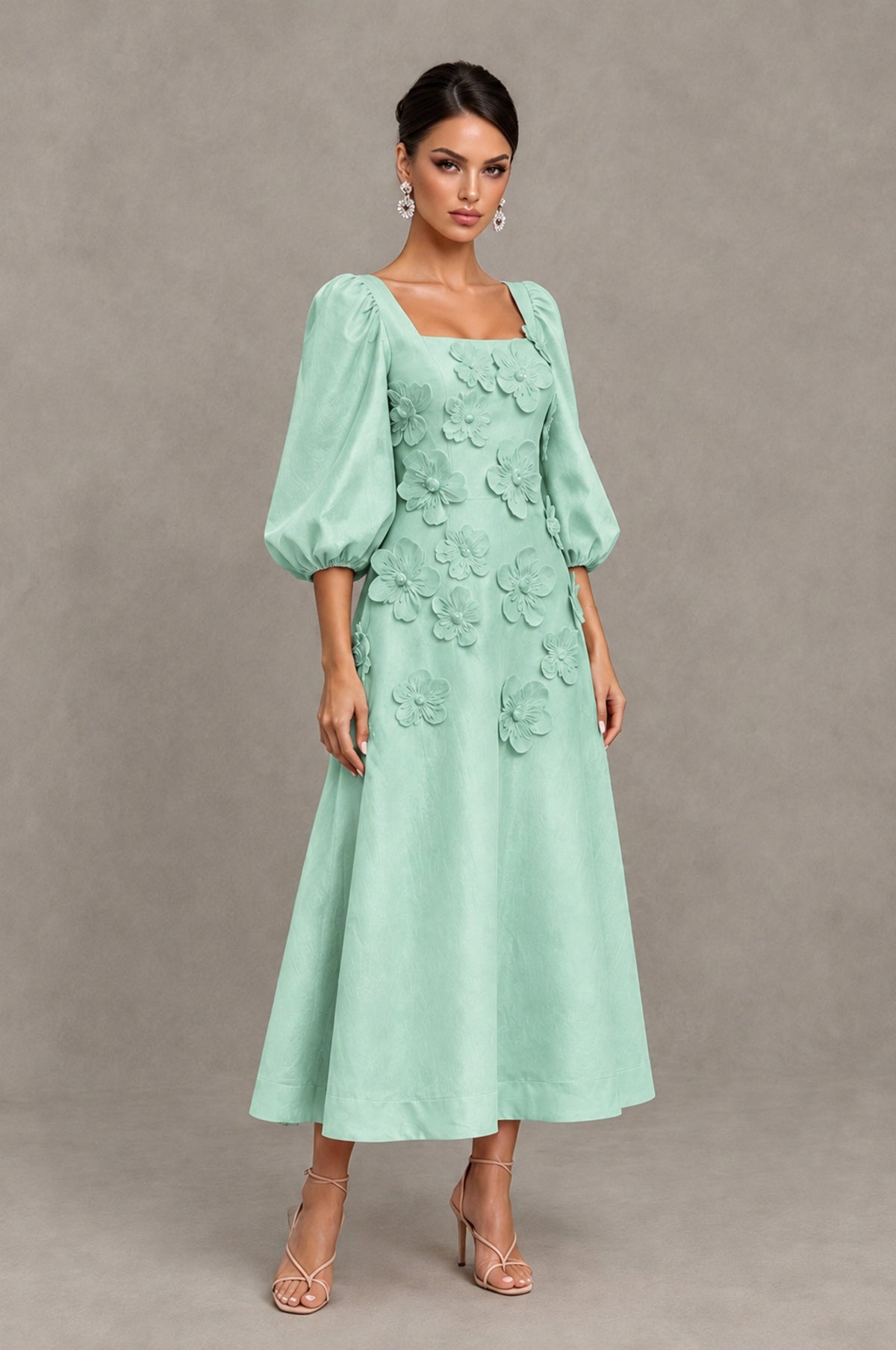 BOLODOO Mint Green 3D Floral Puff Sleeve Midi Cocktail Dress - Mint Green - Mint Green_3