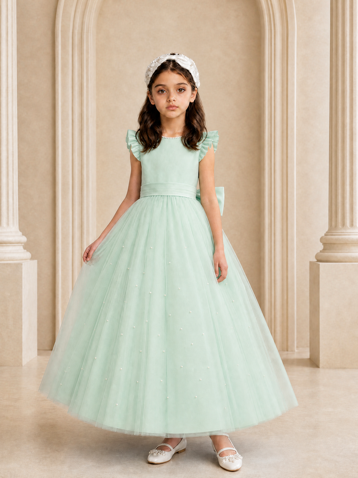 BOLODOO Mint Green Tulle Flower Girl Dress with Ruffle Sleeves & Bow Back - Mint Green - Mint_Green_3