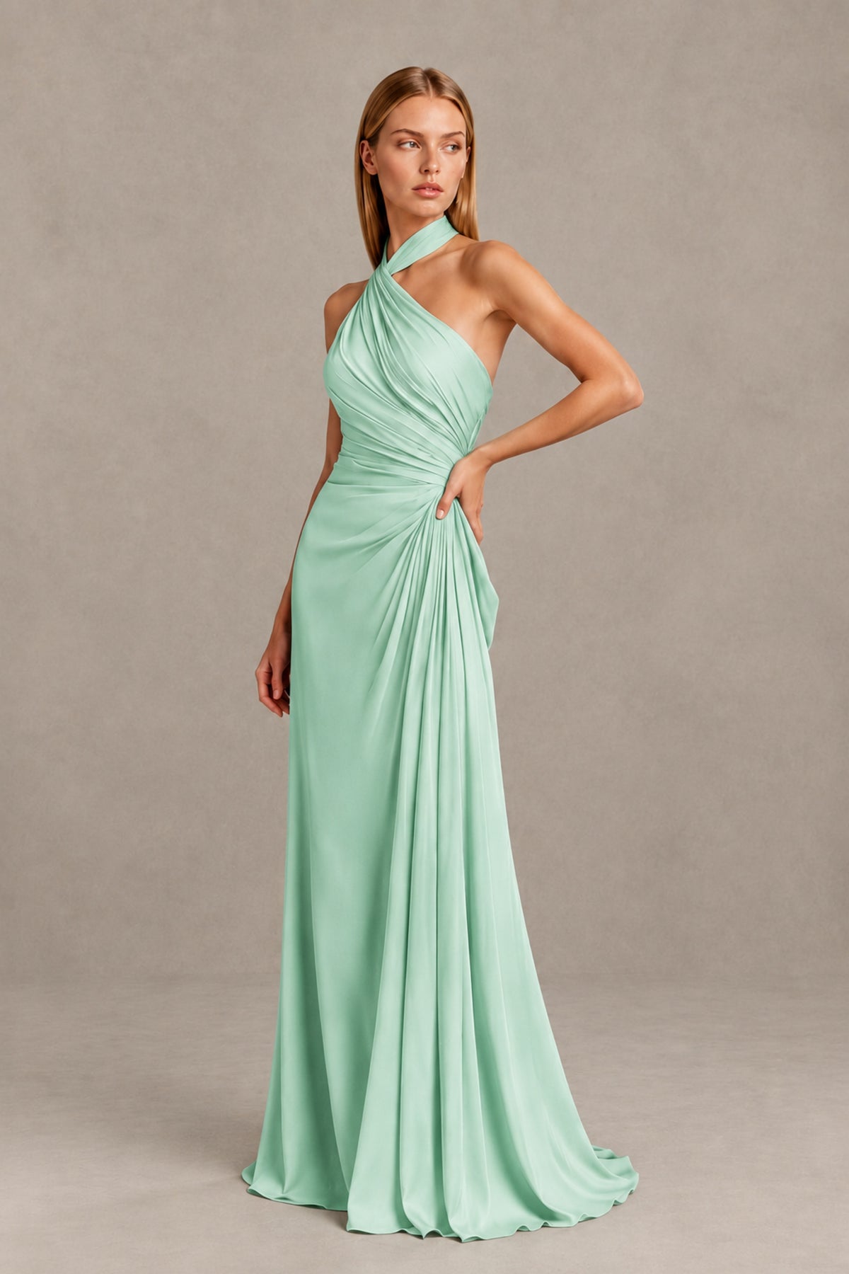 BOLODOO Mint Green Twisted Halter Neck Ruched Sleeveless Open Back Floor-Length Gown - Mint Green - Mint_Green_3