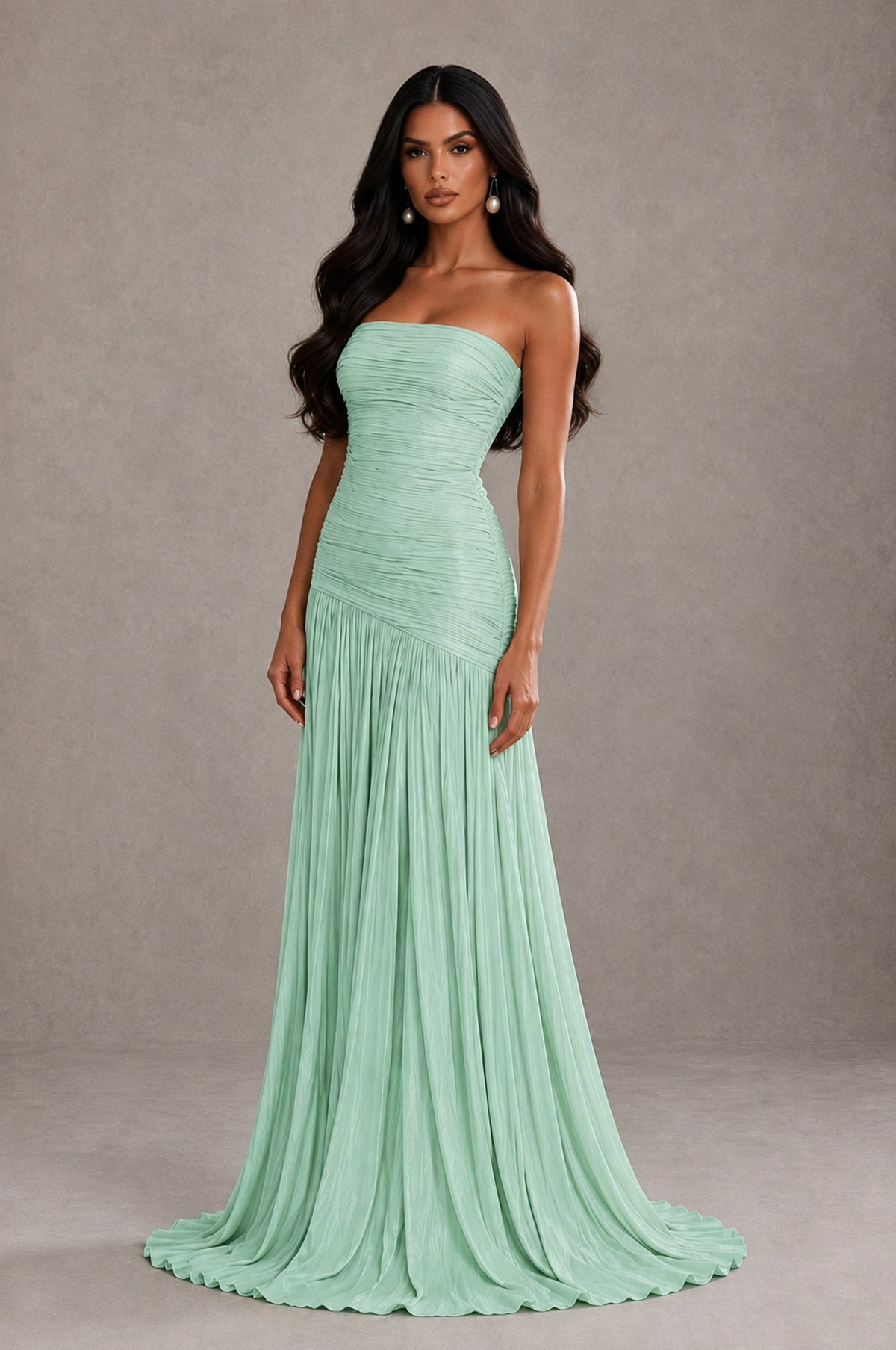 BOLODOO Mint Green Metallic Ruched Strapless Pleated A-Line Backless Maxi Dress with Train - Mint Green - Mint Green_3