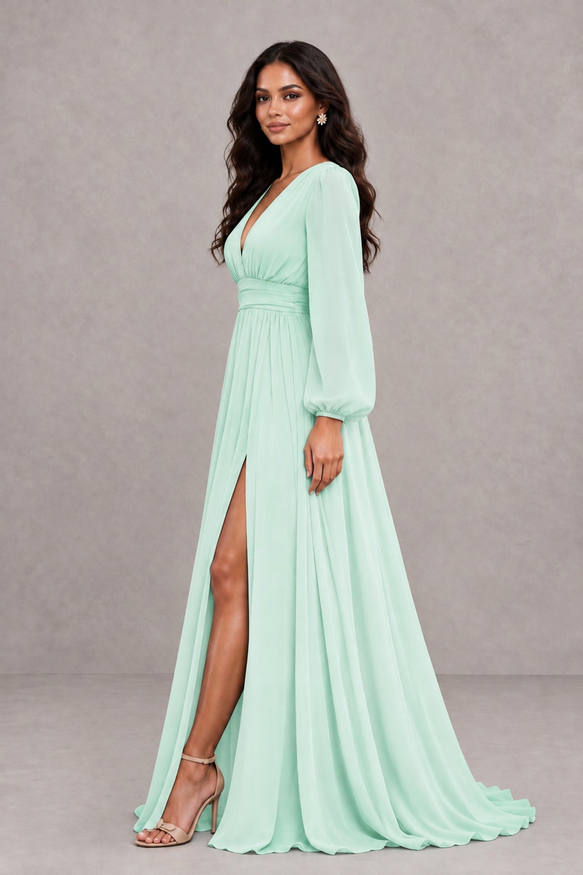 BOLODOO Mint Green Long Sleeve V-Neck A-Line Gown with Open Back & Slit - Mint Green - Mint Green_3