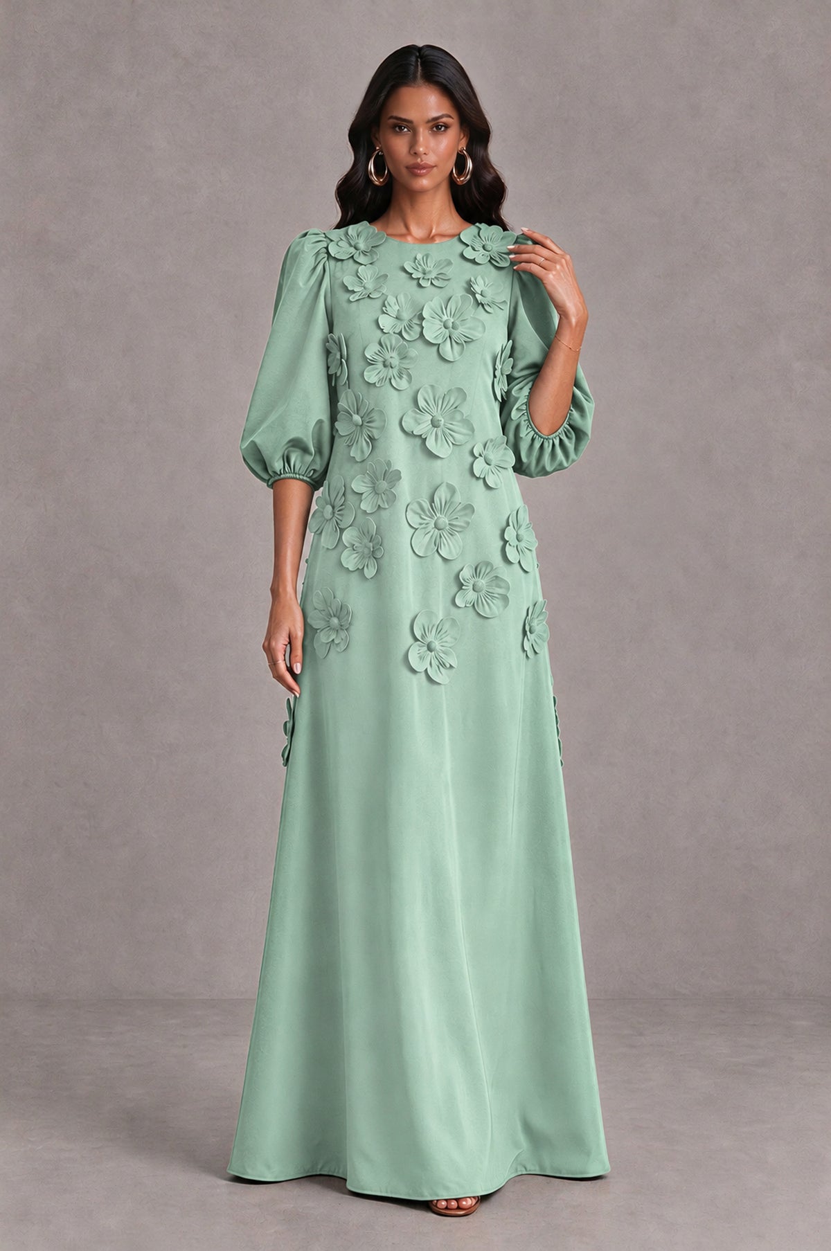 BOLODOO Mint Green Floral Applique Puff Sleeve A-Line Evening Dress - Mint Green - Mint Green_3