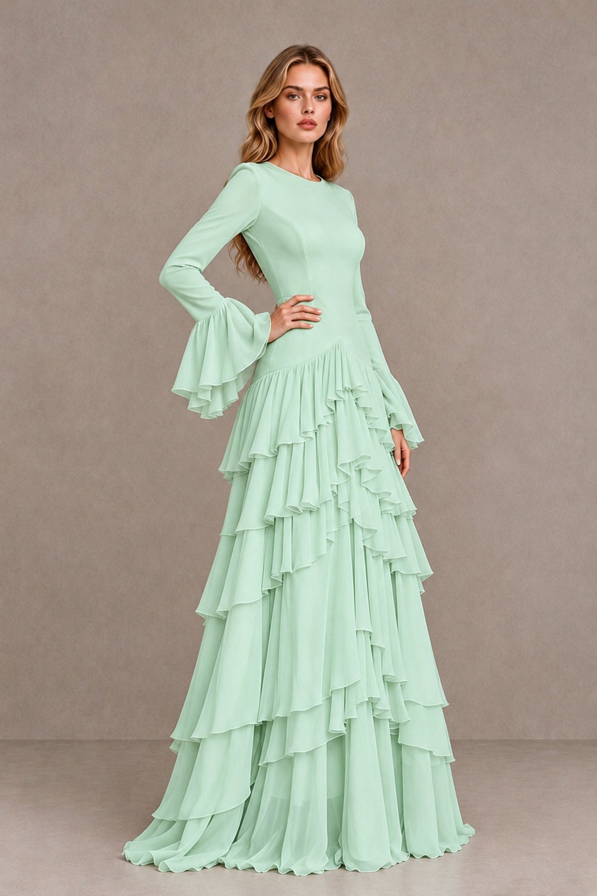 Mint Green Long Sleeve Tiered Ruffle Evening Gown - Mint Green - Mint Green_3