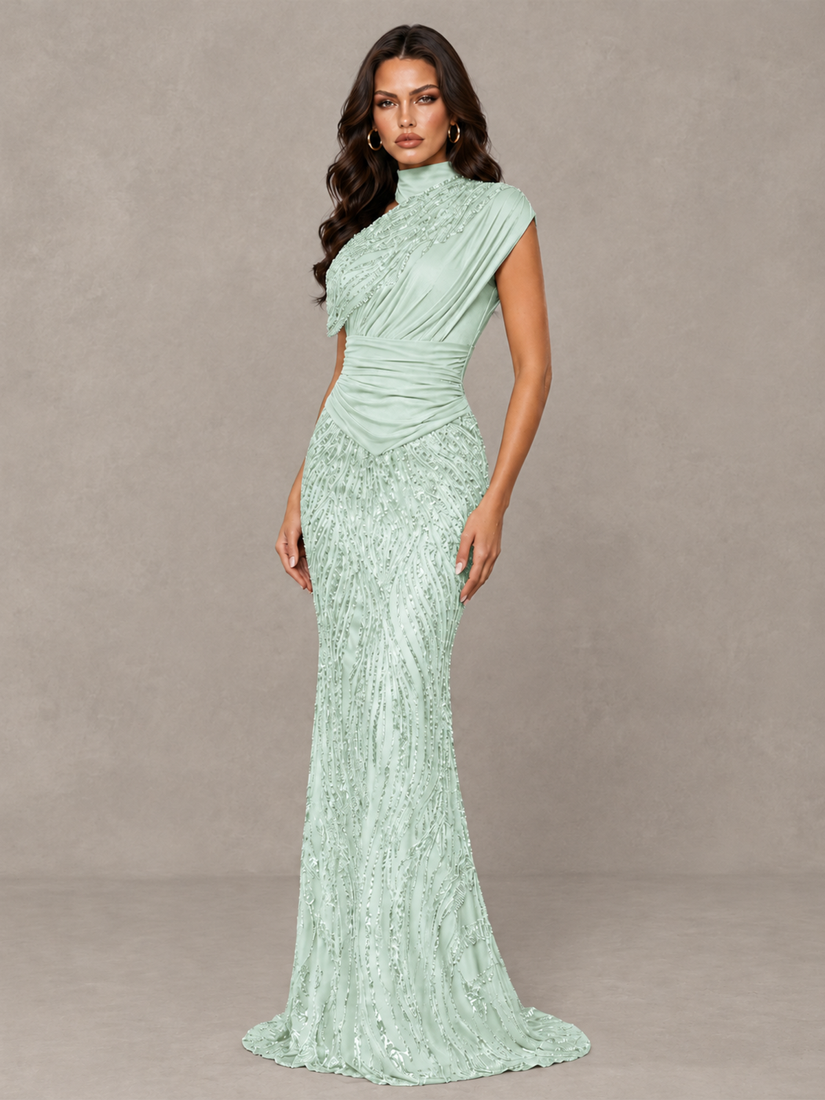 BOLODOO Mint Green High Neck Draped Sequin Mermaid Evening Gown - Mint Green - Mint Green_3