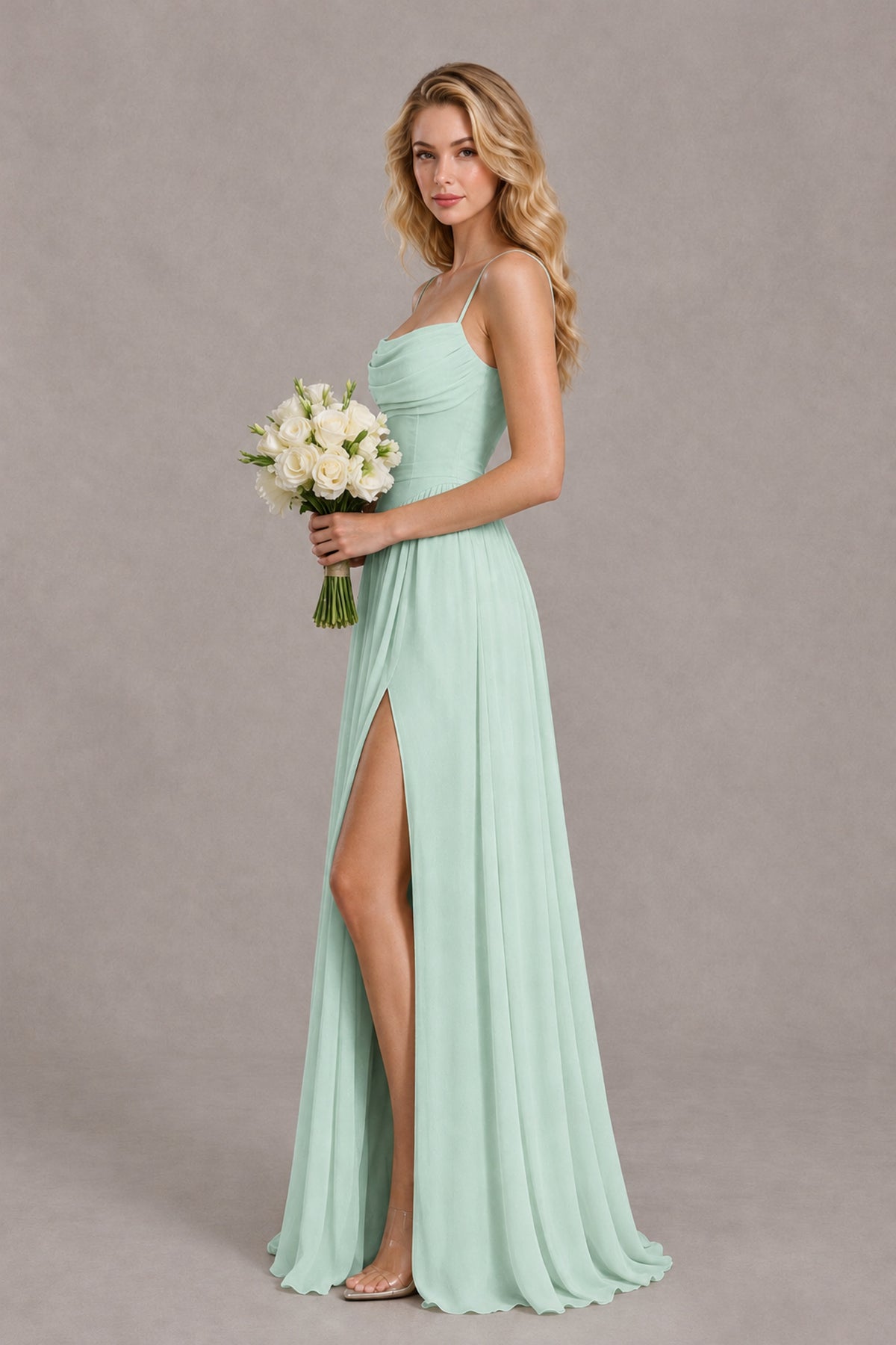 BOLODOO Mint Green Spaghetti Strap A-Line Bridesmaid Dress with Slit - Mint Green - Mint Green_3