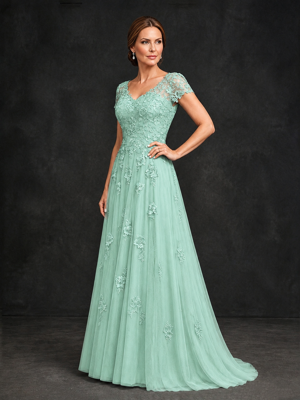 BOLODOO Mint Green Cap Sleeve Lace Appliqué A-Line Formal Gown | Mother of the Bride Dress - Mint Green - Mint Green_3