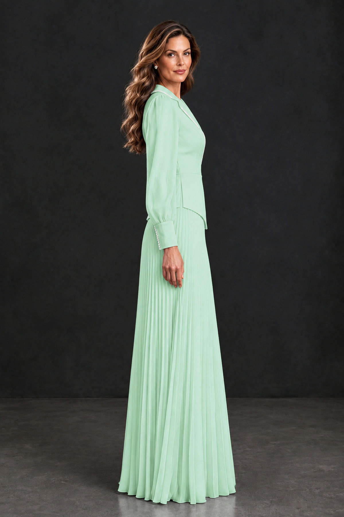 BOLODOO Mint Green Long Sleeve Pleated Mother of the Bride Dress - Mint Green - Mint Green_3