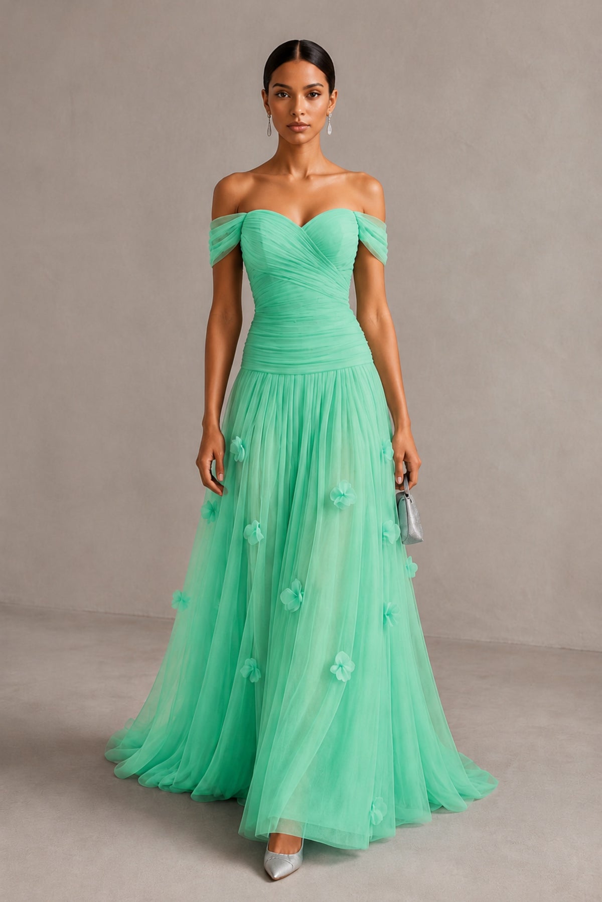 Mint Green Off-Shoulder Sweetheart A-Line Tulle Gown with 3D Floral Appliques | BOLODOO - Mint Green
